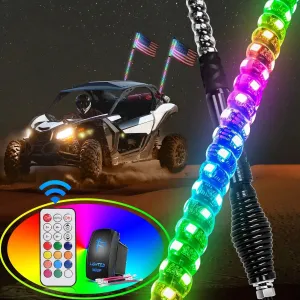 2Pcs 3FT Spiral Antenna W/ Spring Base Led Whip Light RF Remote Control | 8.6FT Wire 5Pin Switch