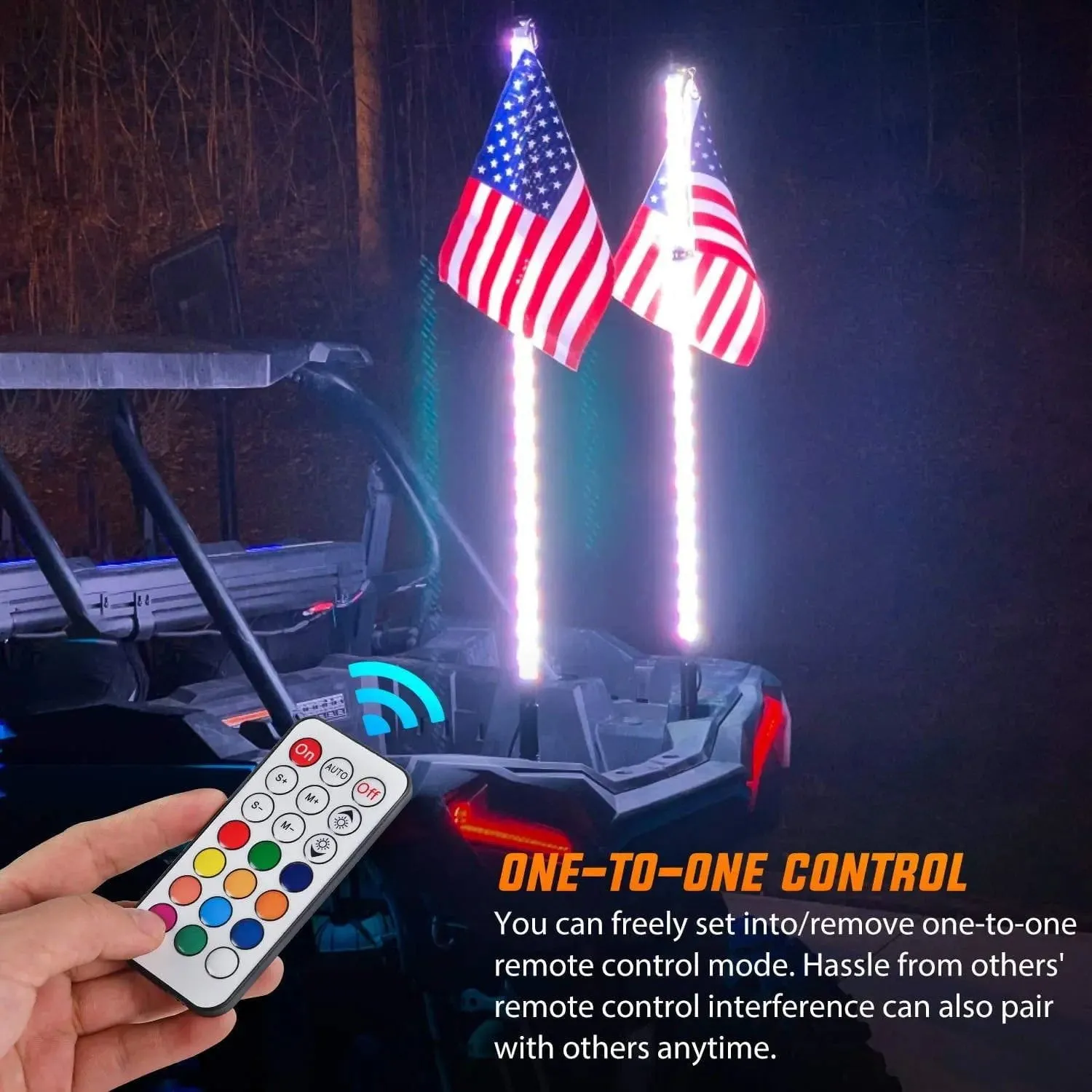 2Pcs 3FT Spiral Antenna W/ Spring Base Led Whip Light RF Remote Control | 8.6FT Wire 5Pin Switch