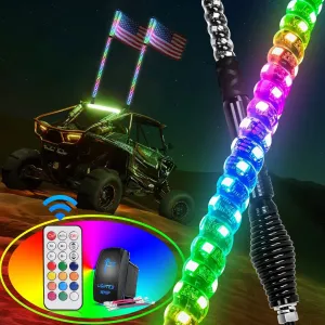 2Pcs 4FT Spiral Antenna W/ Spring Base Led Whip Light RF Remote Control | 8.6FT Wire 5Pin Switch