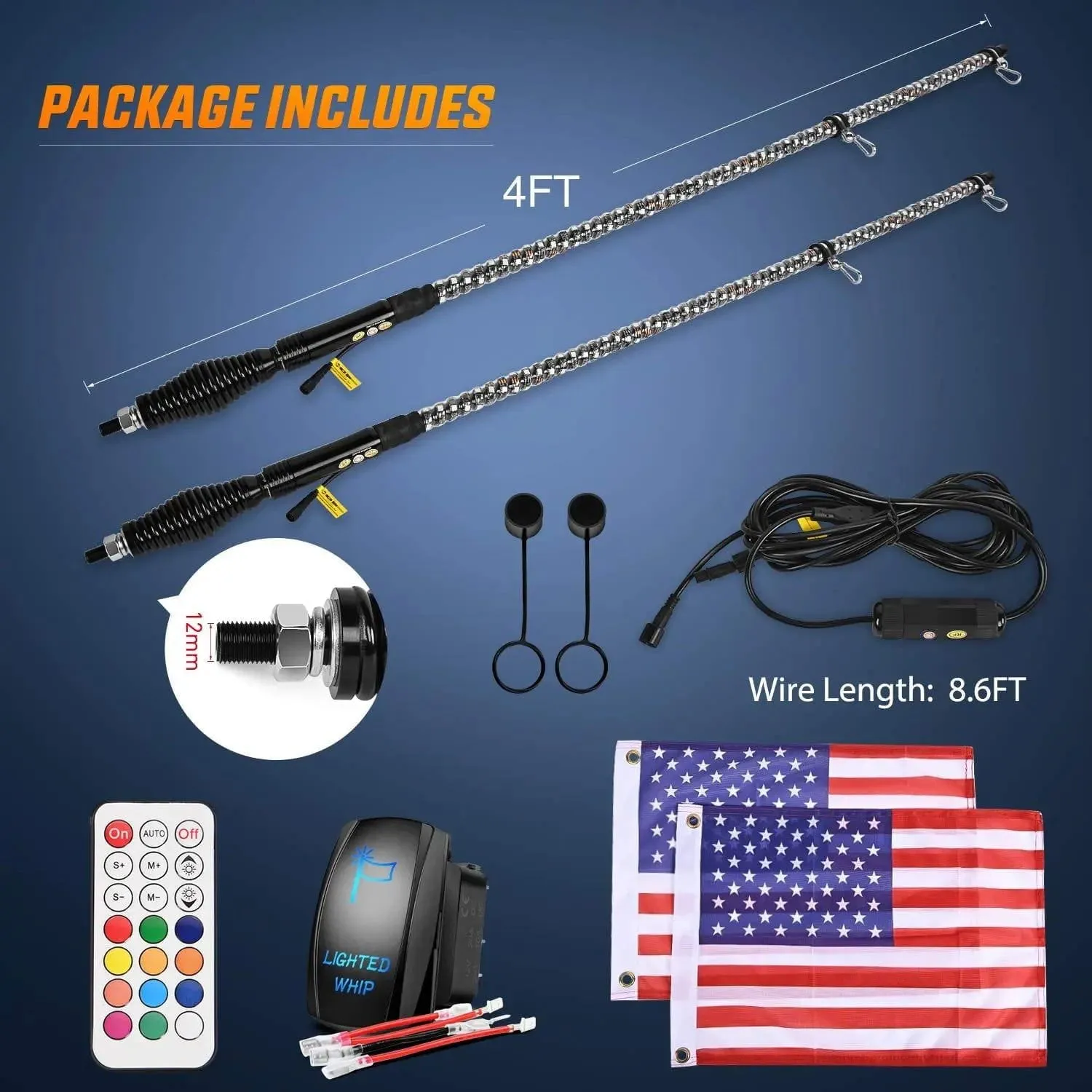 2Pcs 4FT Spiral Antenna W/ Spring Base Led Whip Light RF Remote Control | 8.6FT Wire 5Pin Switch