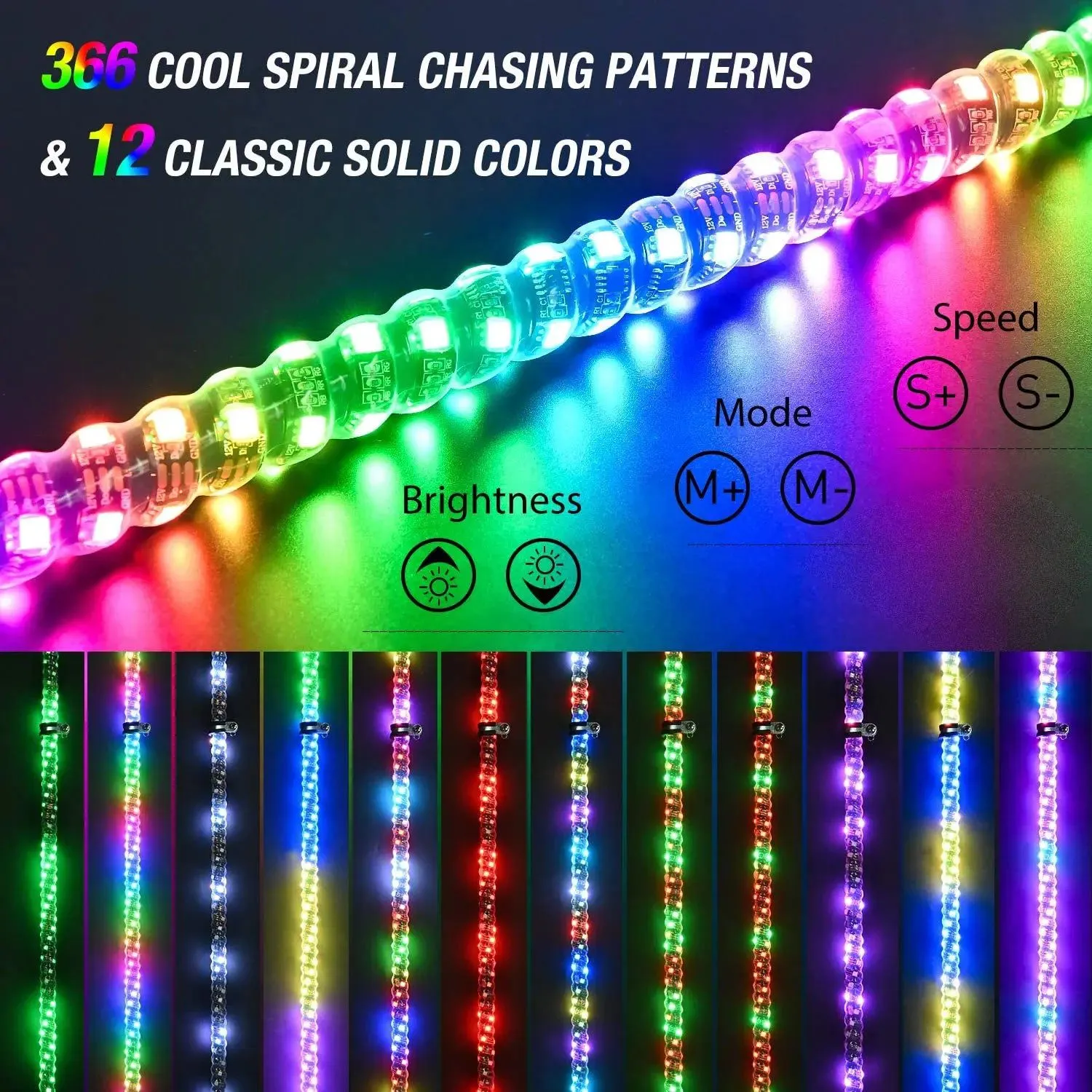 2Pcs 6FT Spiral Antenna W/ Spring Base Led Whip Light RF Remote Control | 8.6FT Wire 5Pin Switch