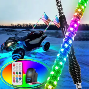 2Pcs 6FT Spiral Antenna W/ Spring Base Led Whip Light RF Remote Control | 8.6FT Wire 5Pin Switch