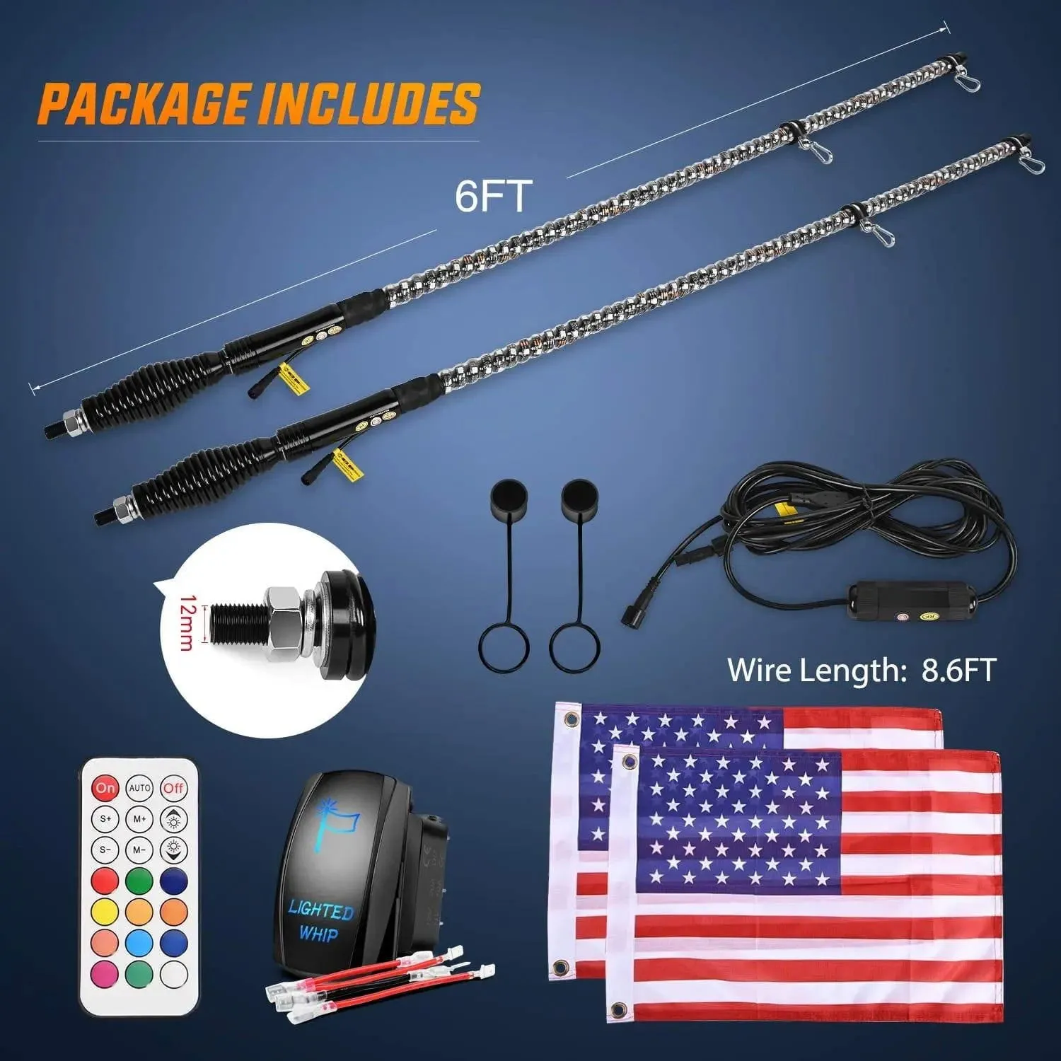 2Pcs 6FT Spiral Antenna W/ Spring Base Led Whip Light RF Remote Control | 8.6FT Wire 5Pin Switch