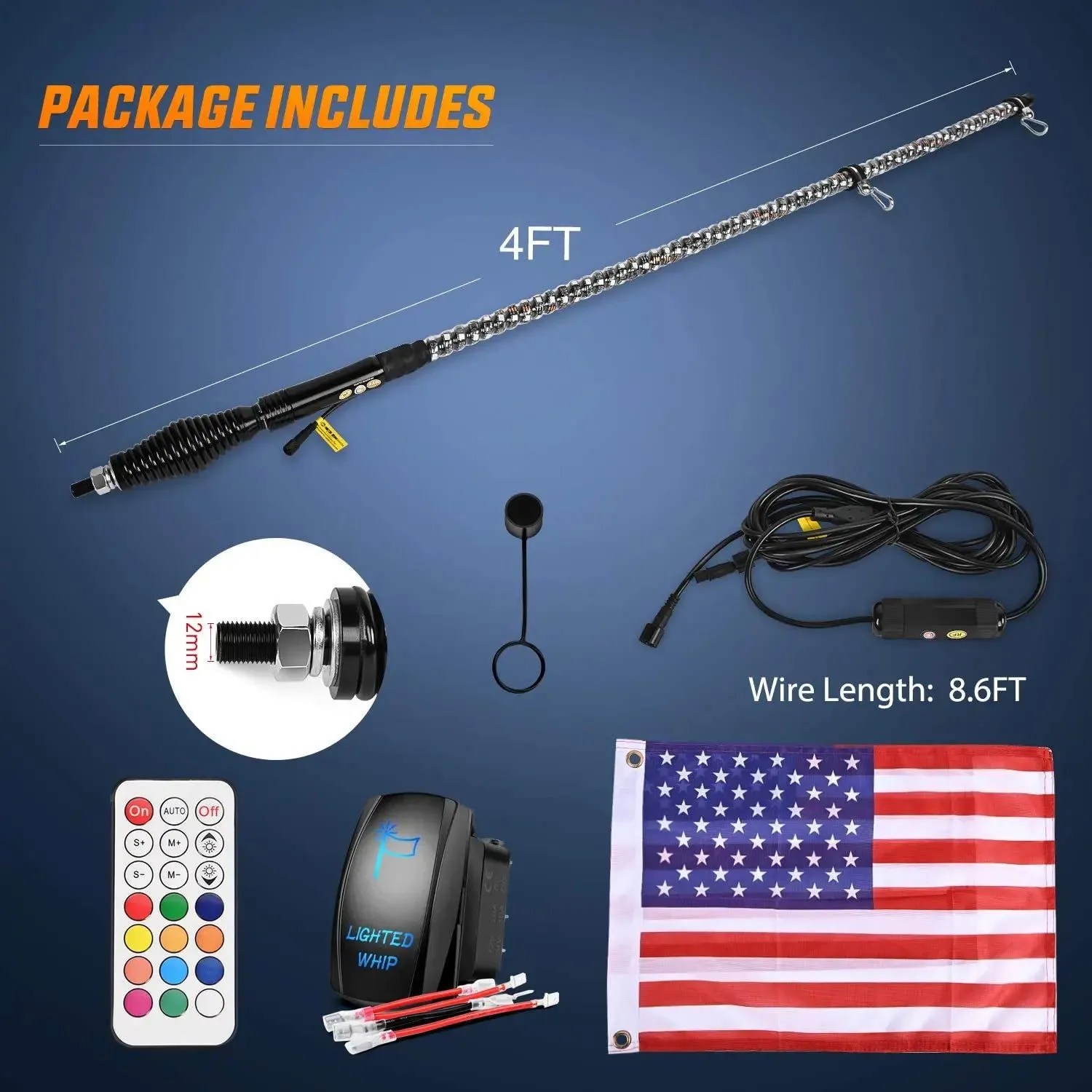 4FT Spiral Antenna W/ Spring Base Led Whip Light RF Remote Control | 8.6FT Wire 5Pin Switch