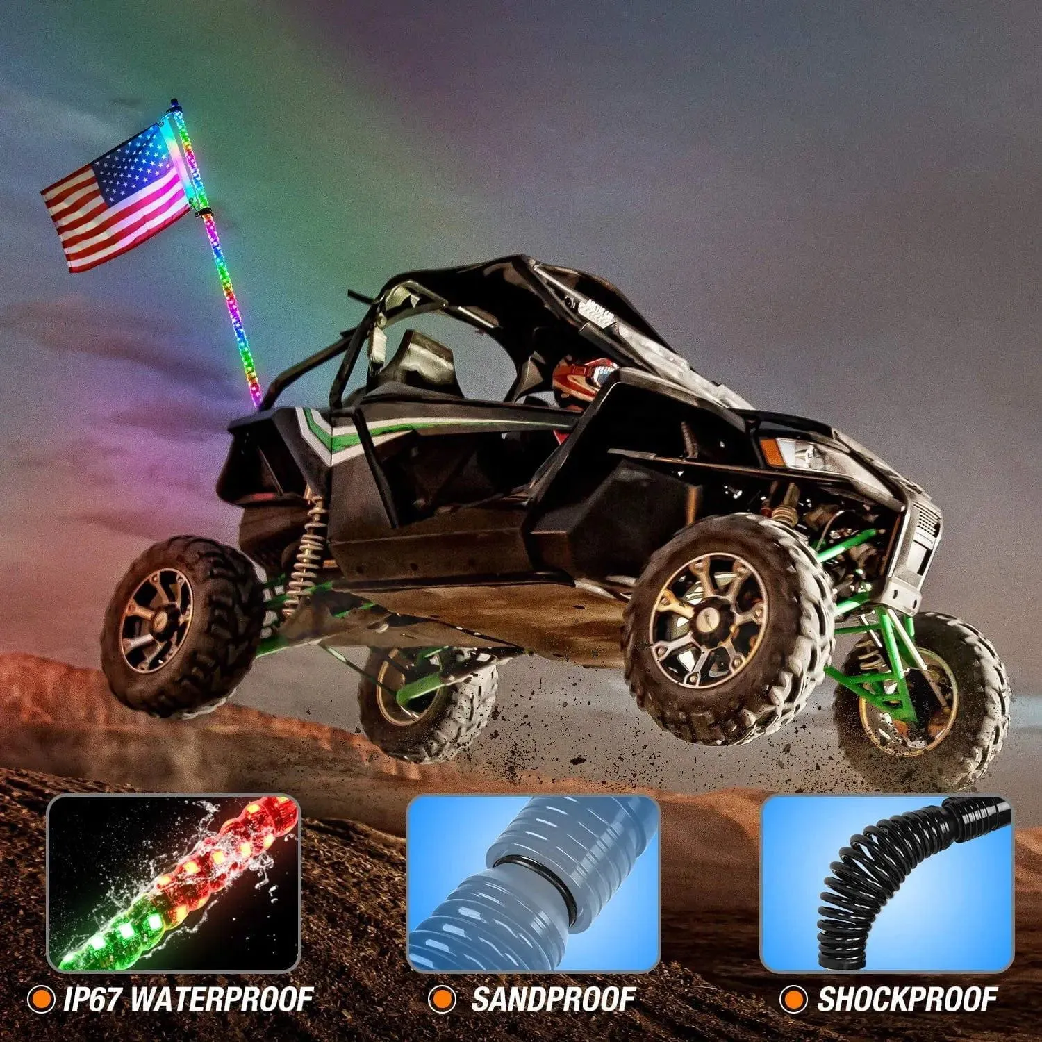 4FT Spiral Antenna W/ Spring Base Led Whip Light RF Remote Control | 8.6FT Wire 5Pin Switch