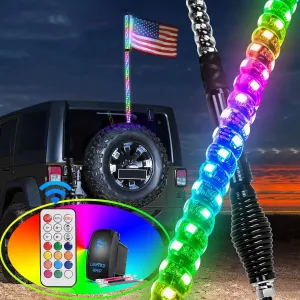 4FT Spiral Antenna W/ Spring Base Led Whip Light RF Remote Control | 8.6FT Wire 5Pin Switch
