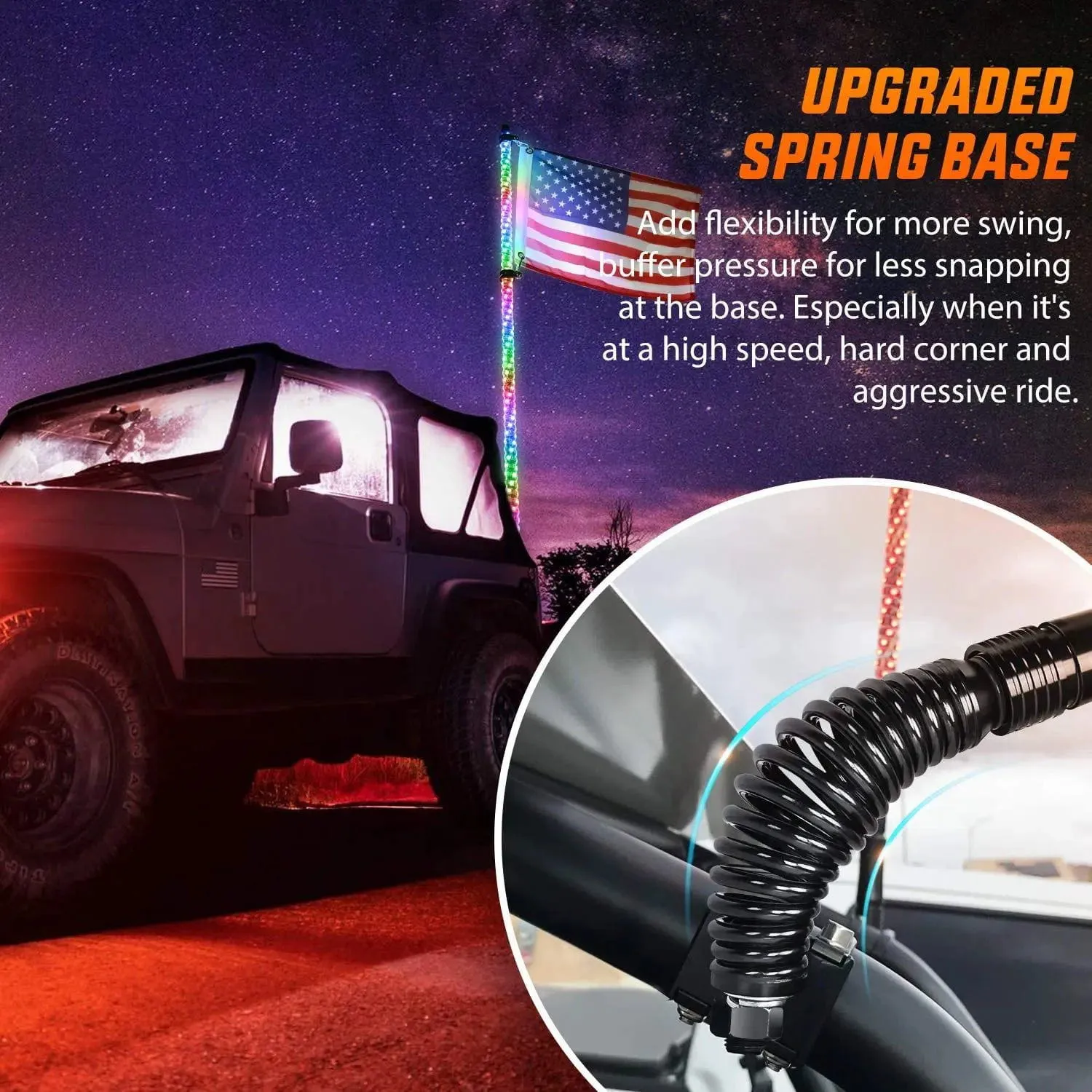 4FT Spiral Antenna W/ Spring Base Led Whip Light RF Remote Control | 8.6FT Wire 5Pin Switch
