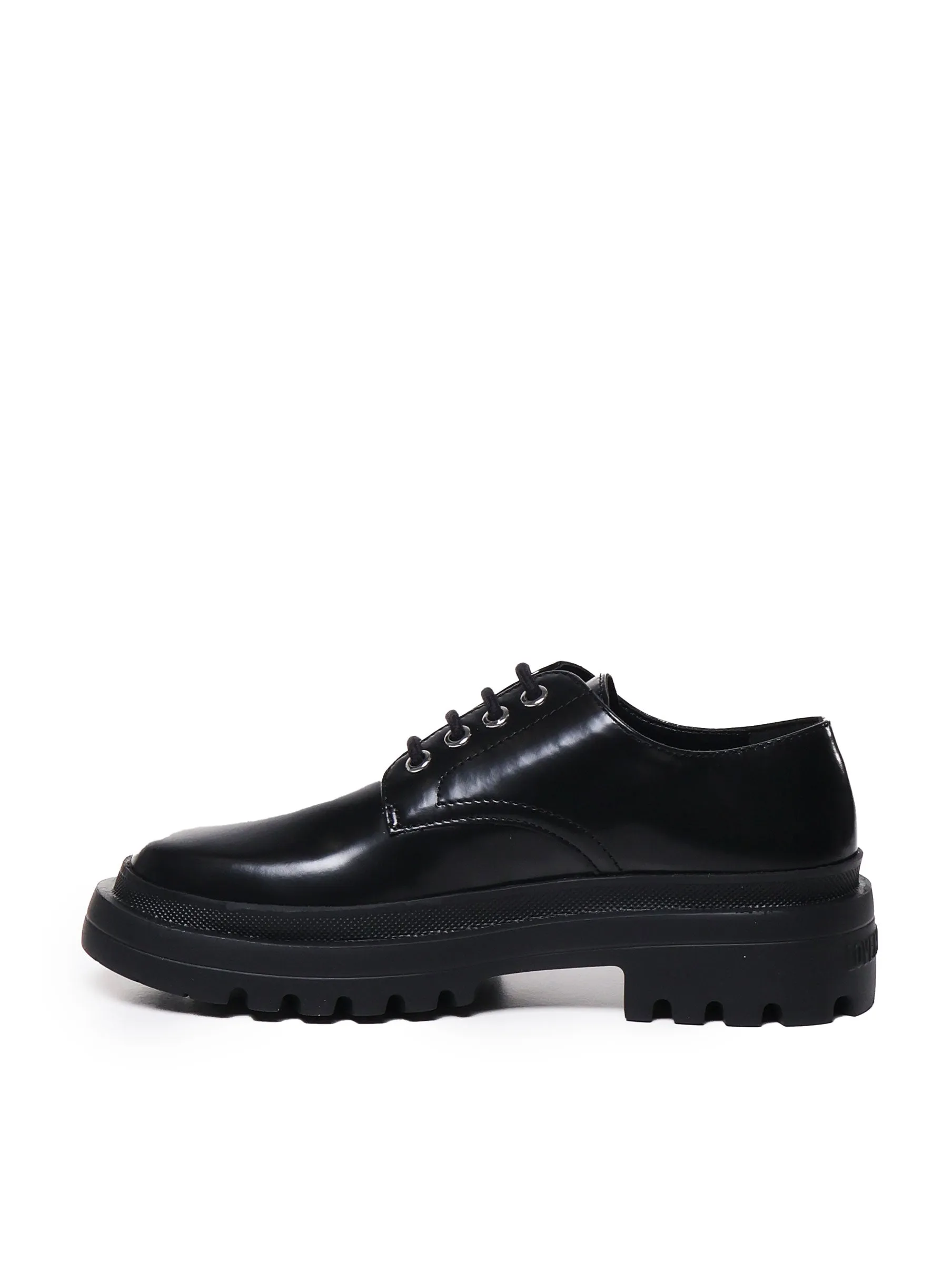 Calfskin Lace-Up Flat Shoes in Gloss Black
