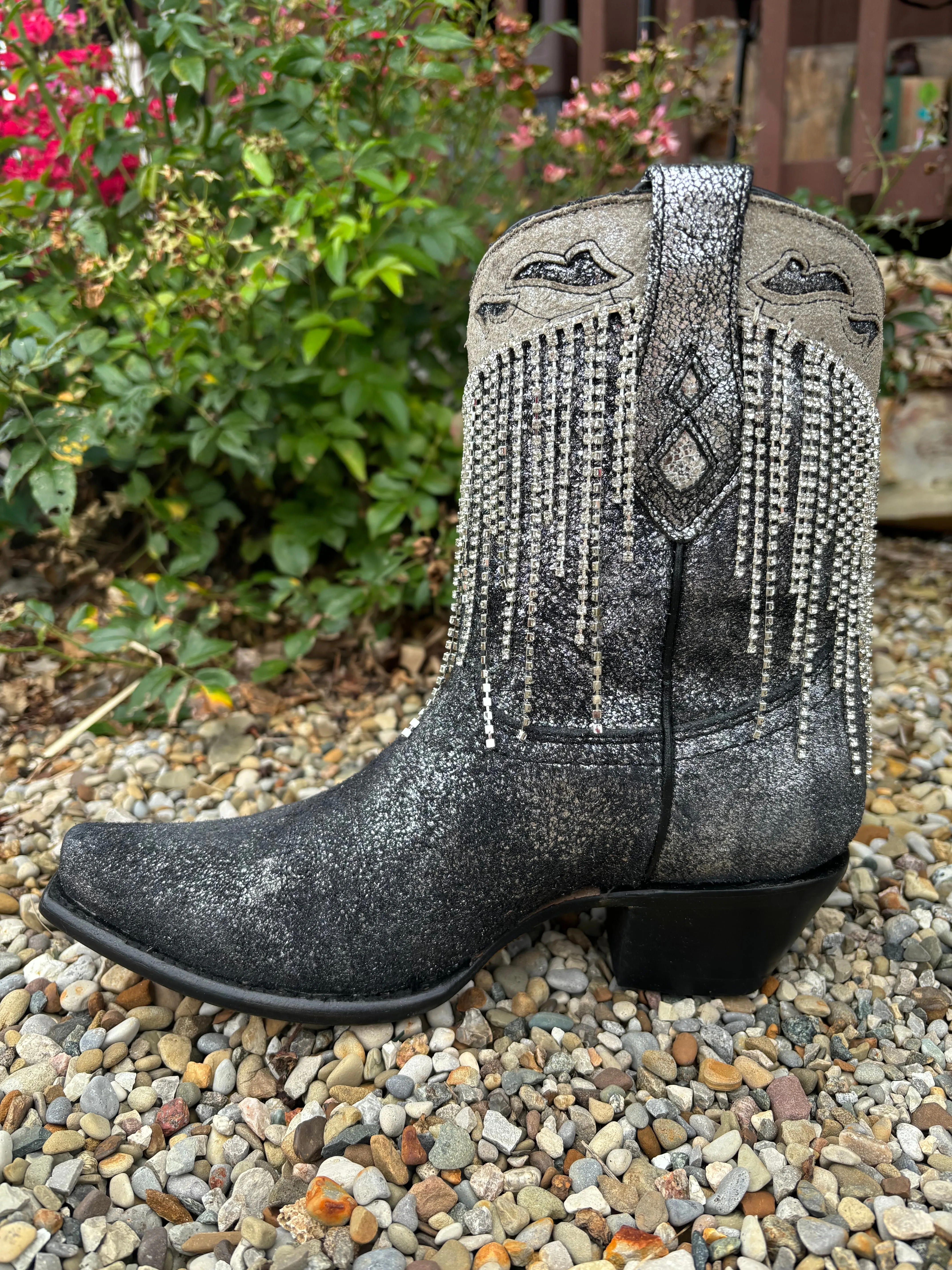 Corral Women's Black & Silver Overlay Crystal Fringe Snip Toe Ankle Cowgirl Boots Z5252
