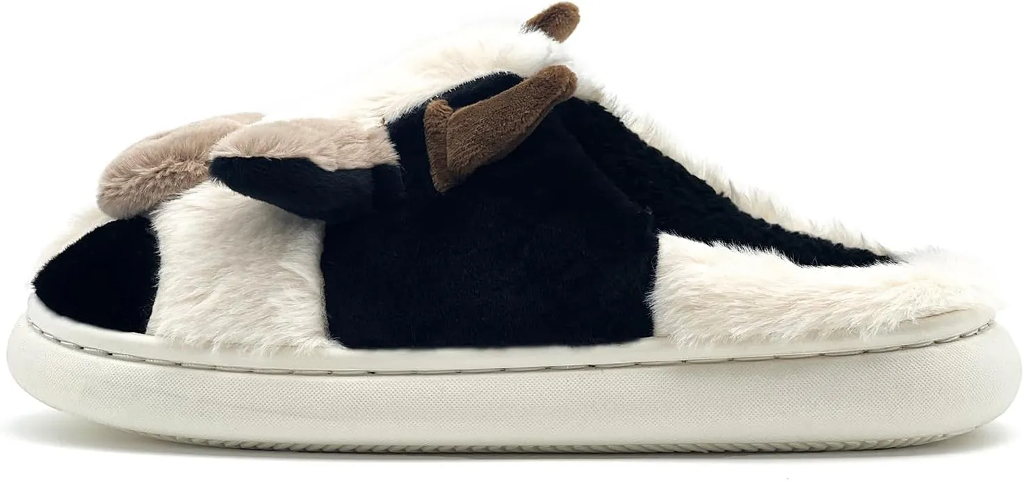 Cow Cotton Slippers, Thick Sole Kawaii Fluffy Winter Indoor Outdoor Cute Slippers for Women and Men