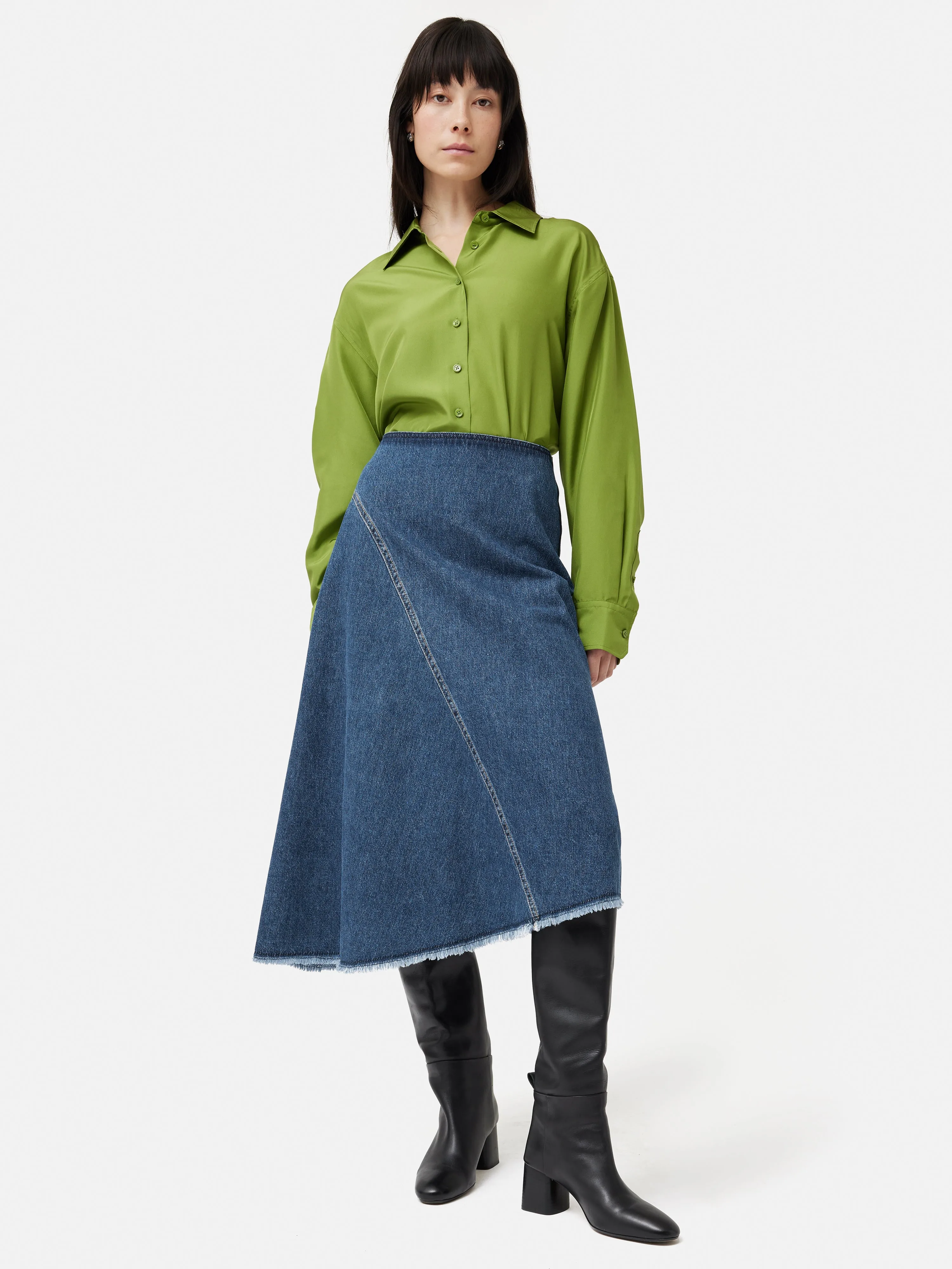 Denim Frayed Midi Skirt | Indigo