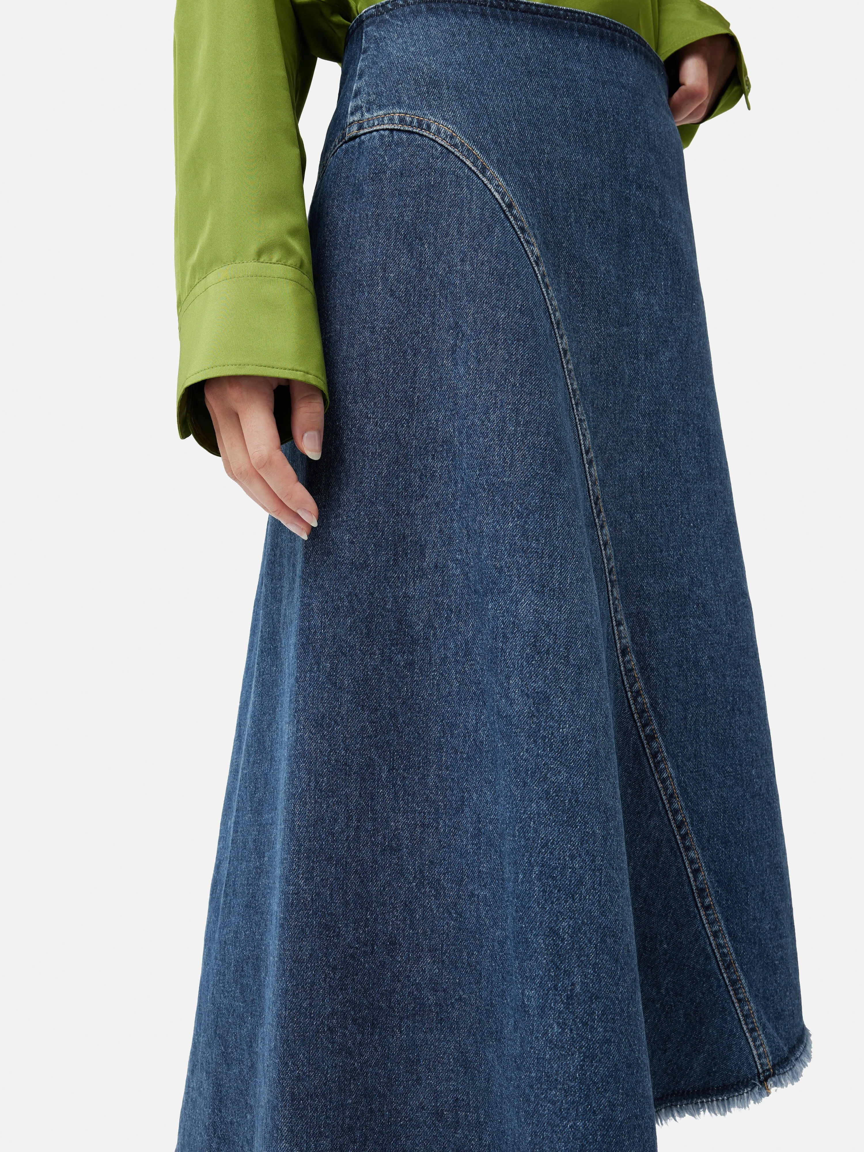 Denim Frayed Midi Skirt | Indigo