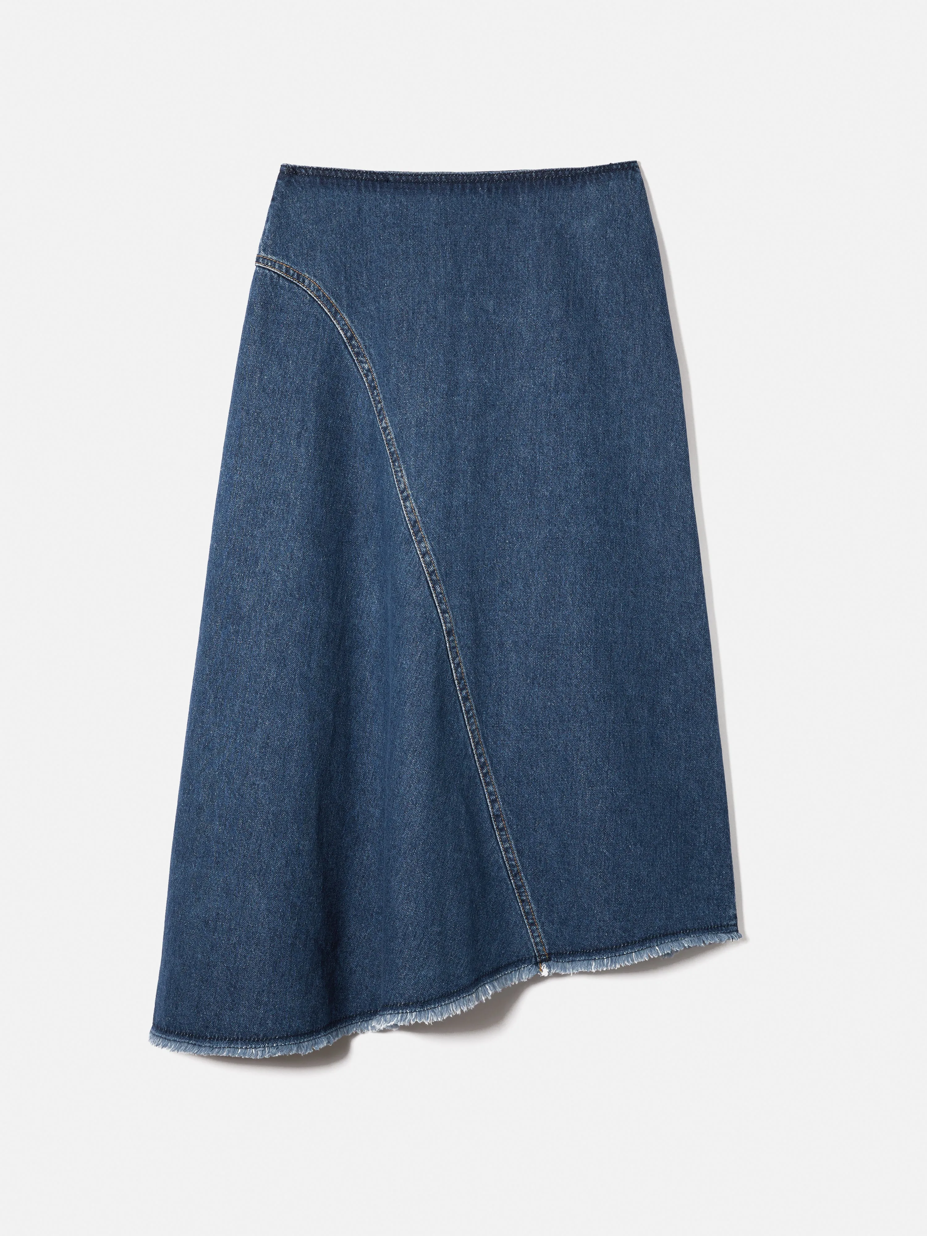 Denim Frayed Midi Skirt | Indigo