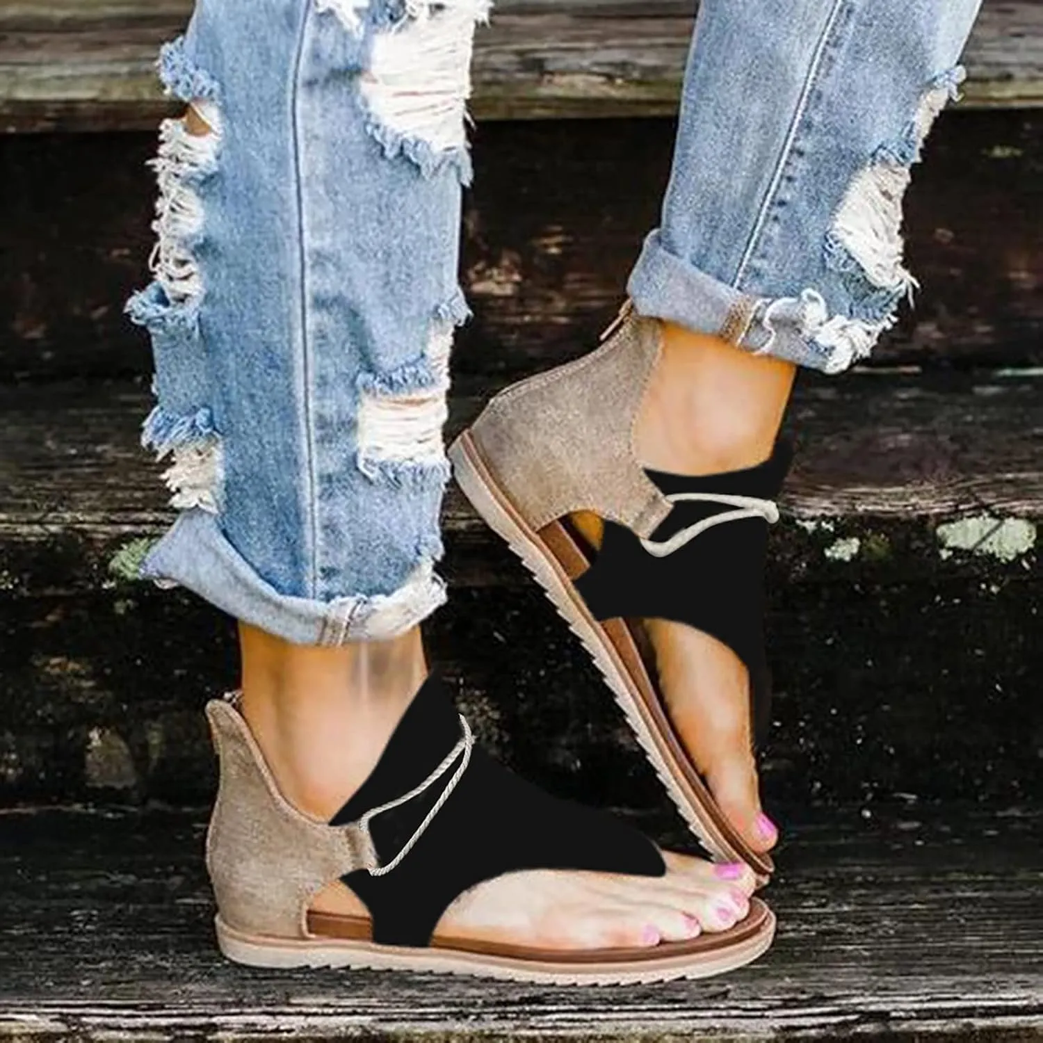 Eduavar Sandals Women Comfortable, Sandals for Women Dressy Summer Open Toe Flip Flops Gladiator Sandals Flat with Zipper