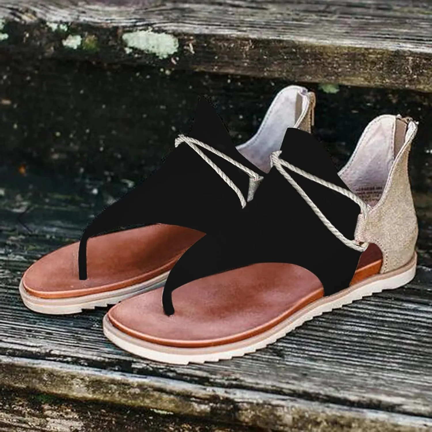 Eduavar Sandals Women Comfortable, Sandals for Women Dressy Summer Open Toe Flip Flops Gladiator Sandals Flat with Zipper