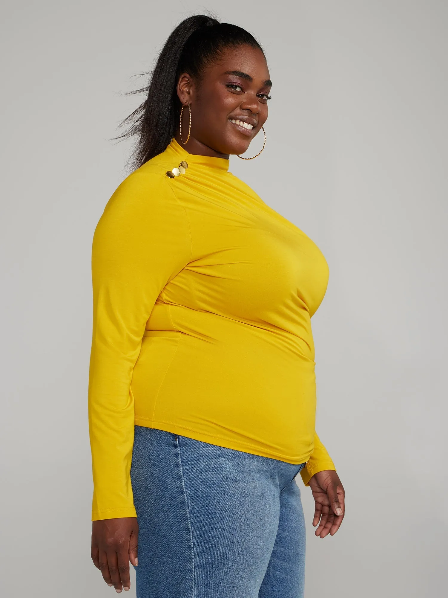 Fashion To Figure - Asymmetrical Button-Detail Ruched Top
