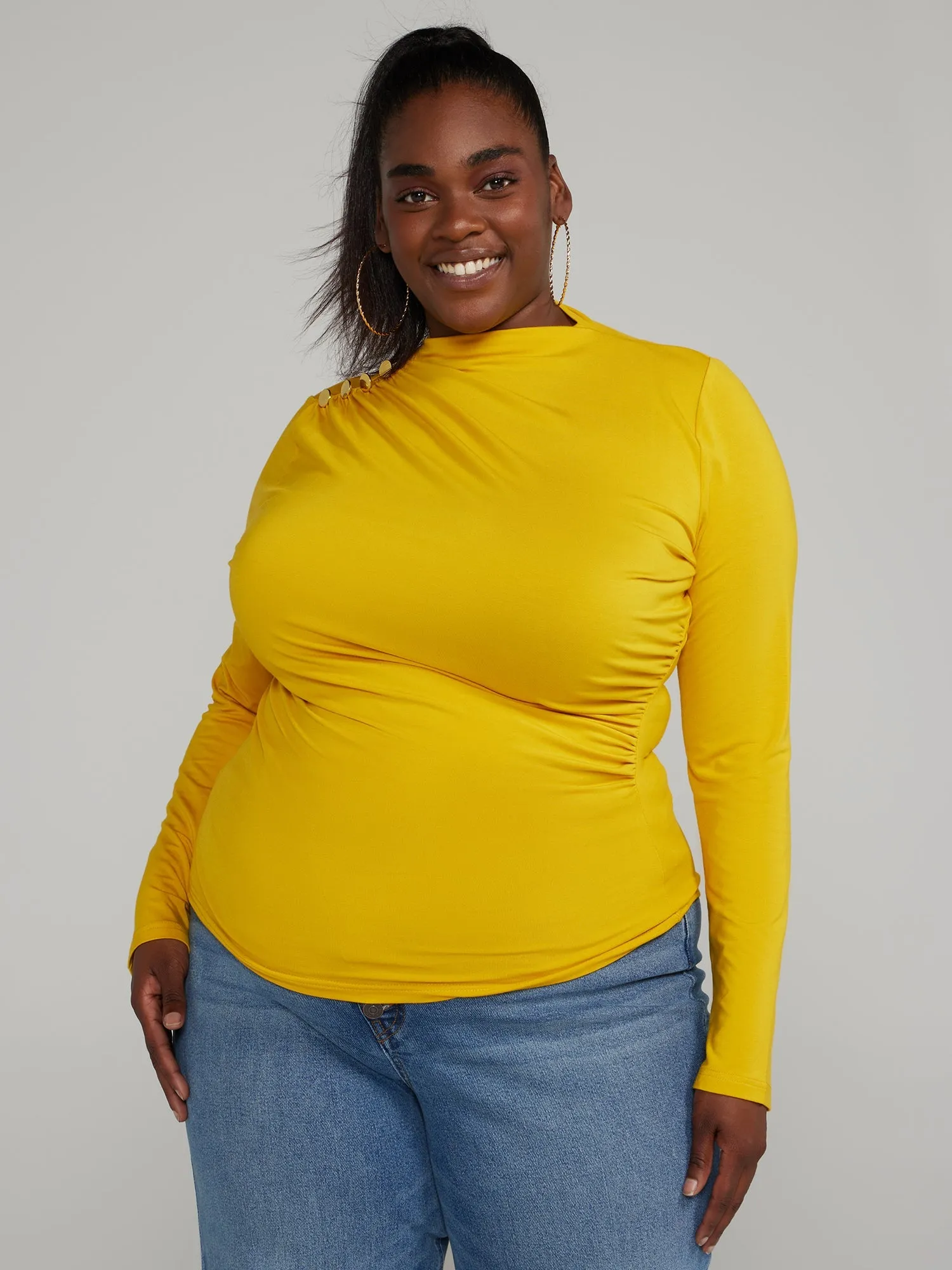 Fashion To Figure - Asymmetrical Button-Detail Ruched Top