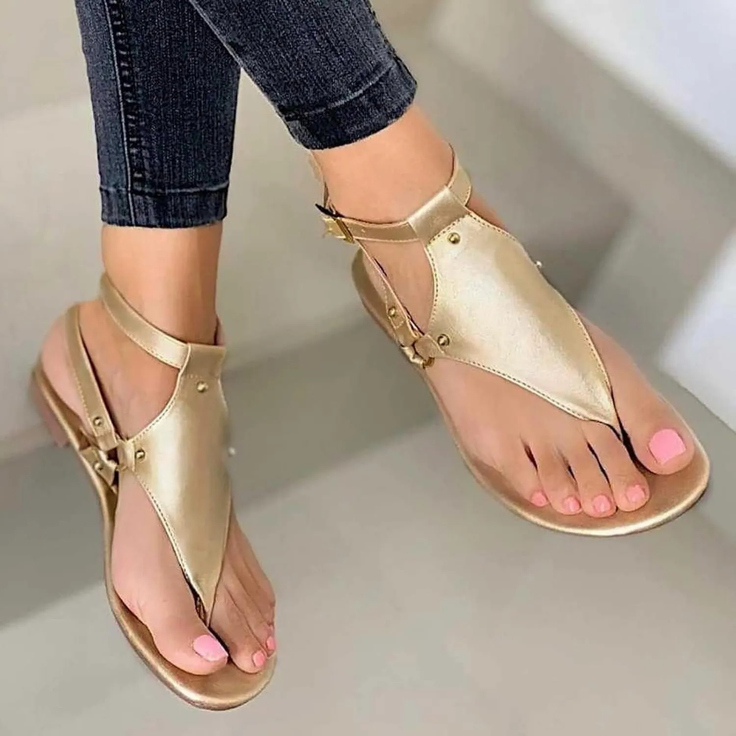 Flat Sandals for Women Roman Slide Slippers Comfortable Ankle Strap T-Strap Flip Flops Beach Outdoor Gladiator Shoes