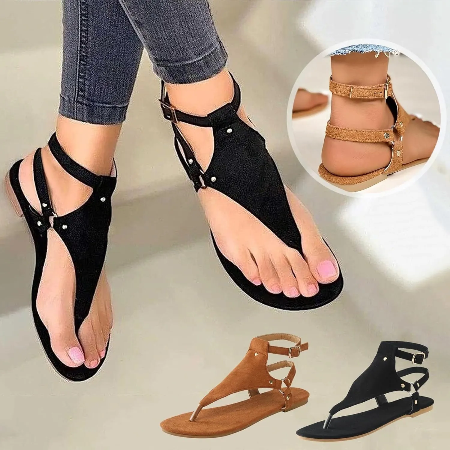 Flat Sandals for Women Roman Slide Slippers Comfortable Ankle Strap T-Strap Flip Flops Beach Outdoor Gladiator Shoes