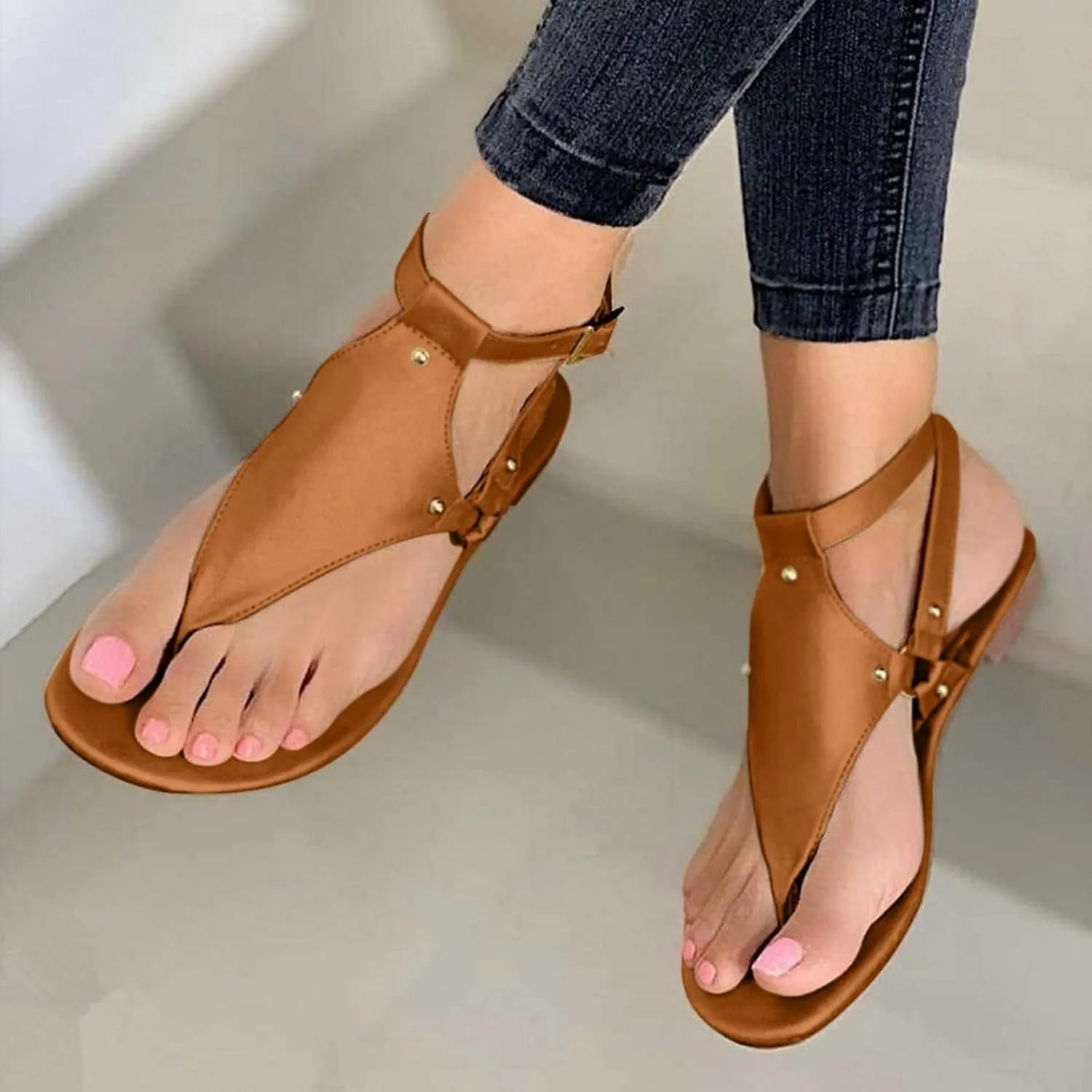Flat Sandals for Women Roman Slide Slippers Comfortable Ankle Strap T-Strap Flip Flops Beach Outdoor Gladiator Shoes