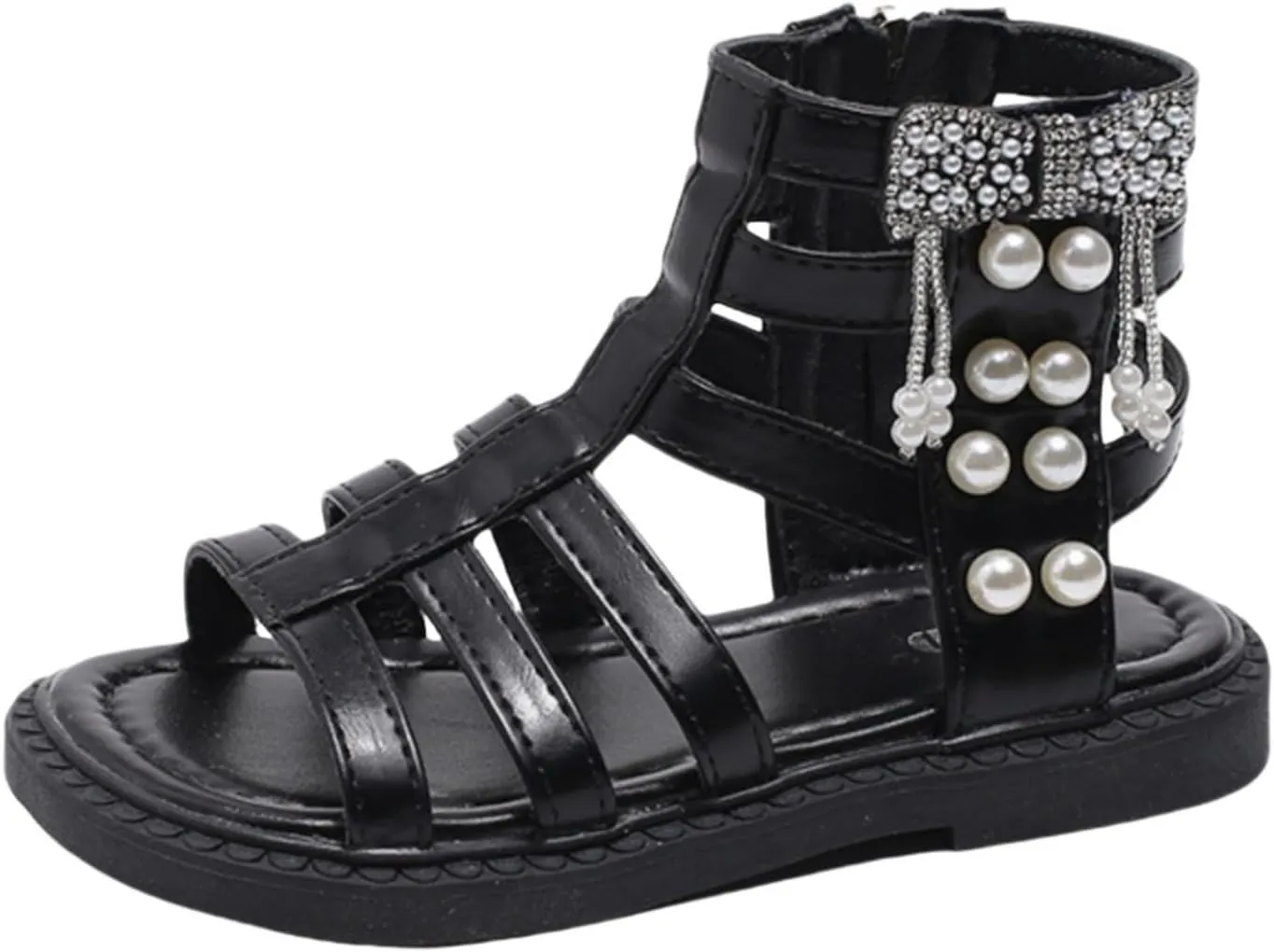 Girl's Gladiator Sandals Strappy Sparkly Pearl Flats Open Toe Non-slip Princess Sandals Kids Cool Roman Shoes