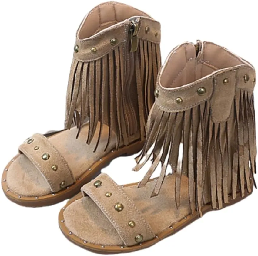 Girls Summer Bohemia Rivet Gladiator Sandals Tassel Beach Roman Shoes with Side Zipper