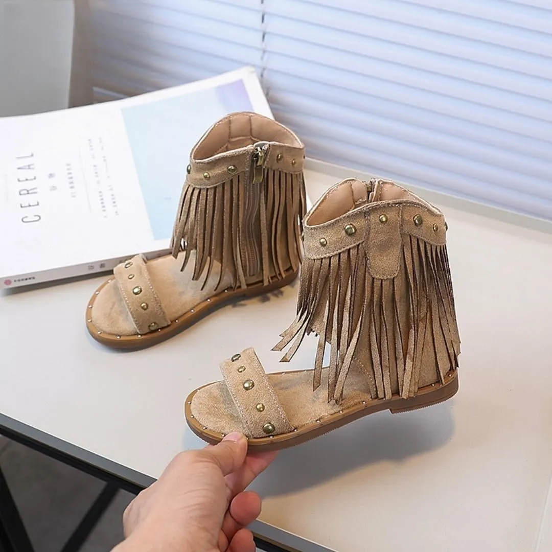 Girls Summer Bohemia Rivet Gladiator Sandals Tassel Beach Roman Shoes with Side Zipper