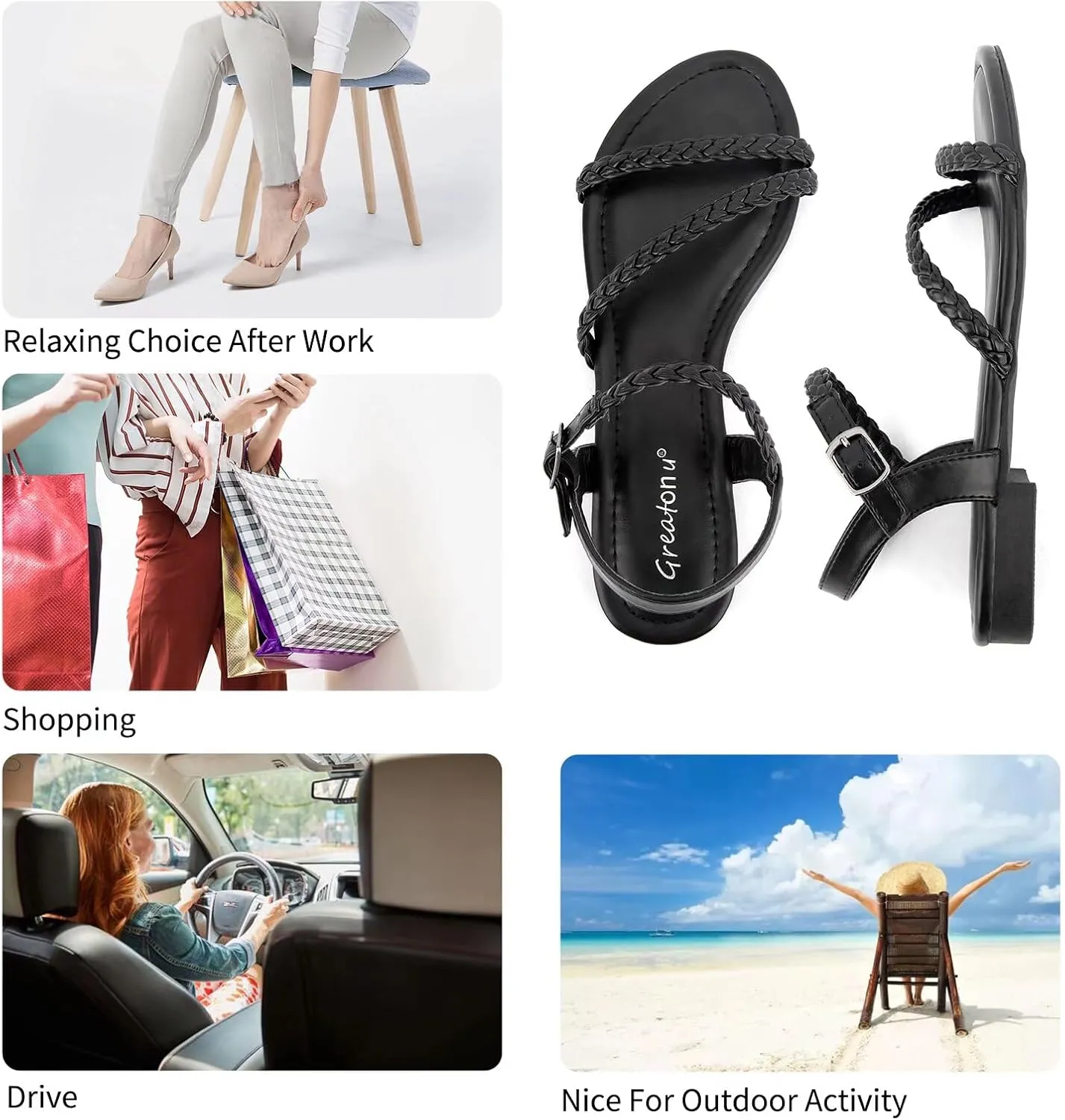 Greatonu Women??s Flat Sandals Slip On Summer Gladiator Open Toe Braided Slingback Shoes