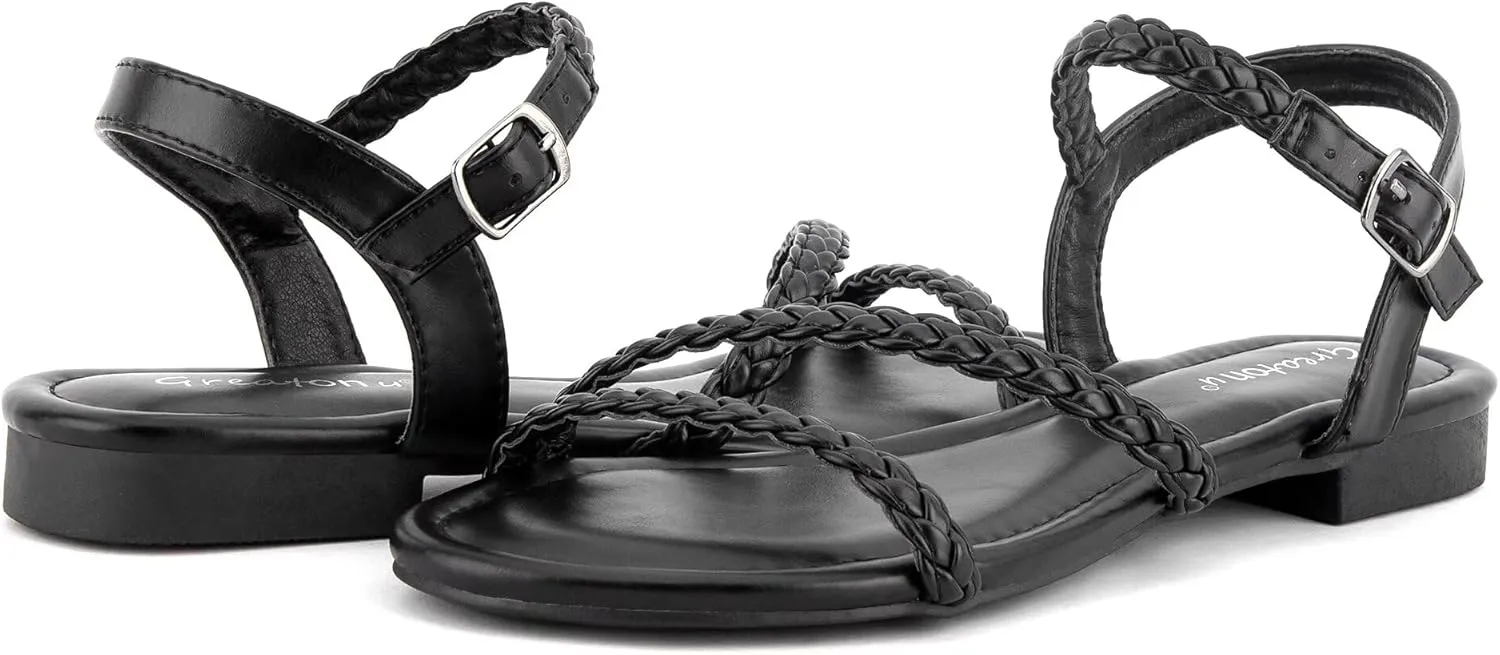 Greatonu Women??s Flat Sandals Slip On Summer Gladiator Open Toe Braided Slingback Shoes