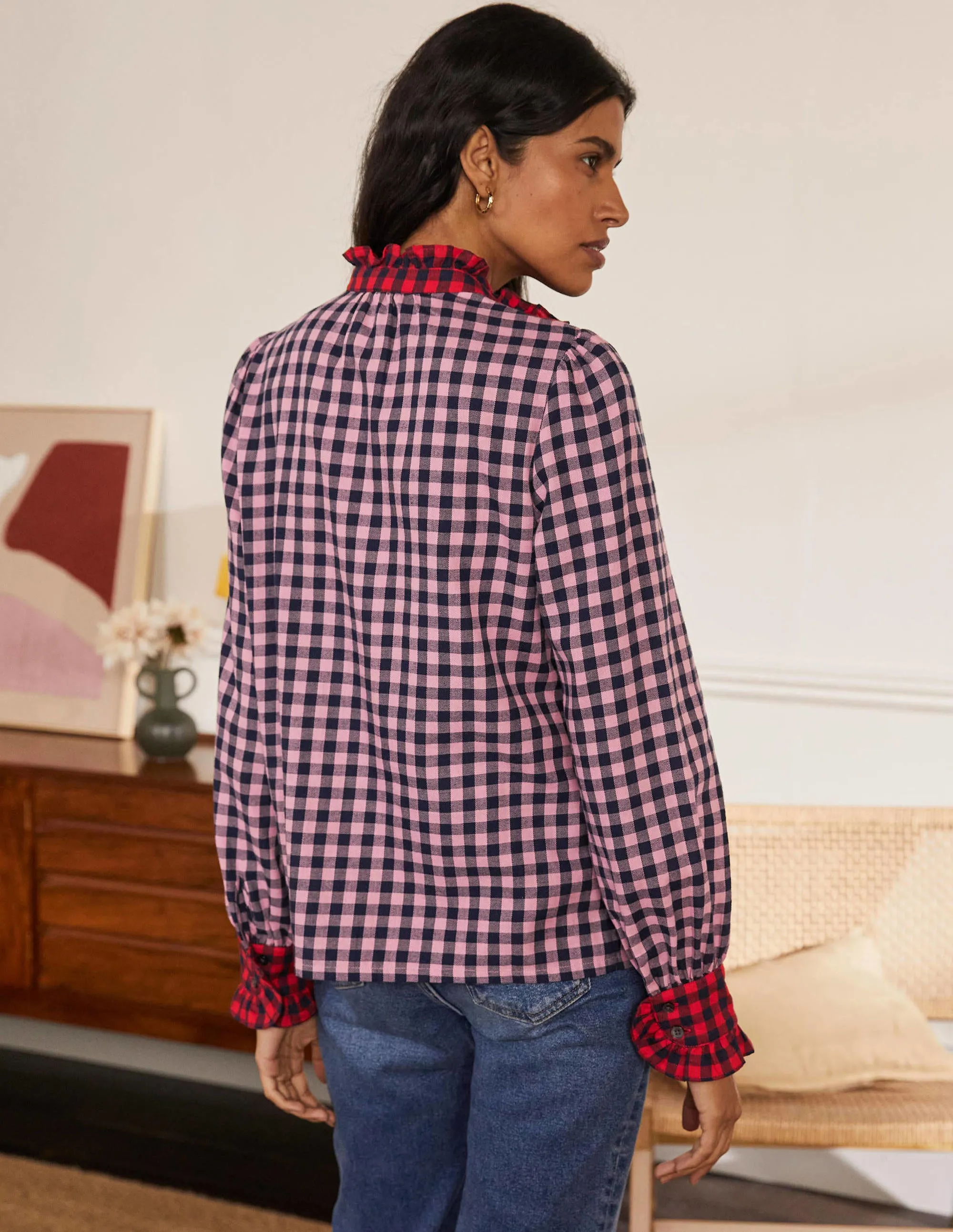 Isla Frill Detail Blouse-Formica Pink and Navy Gingham
