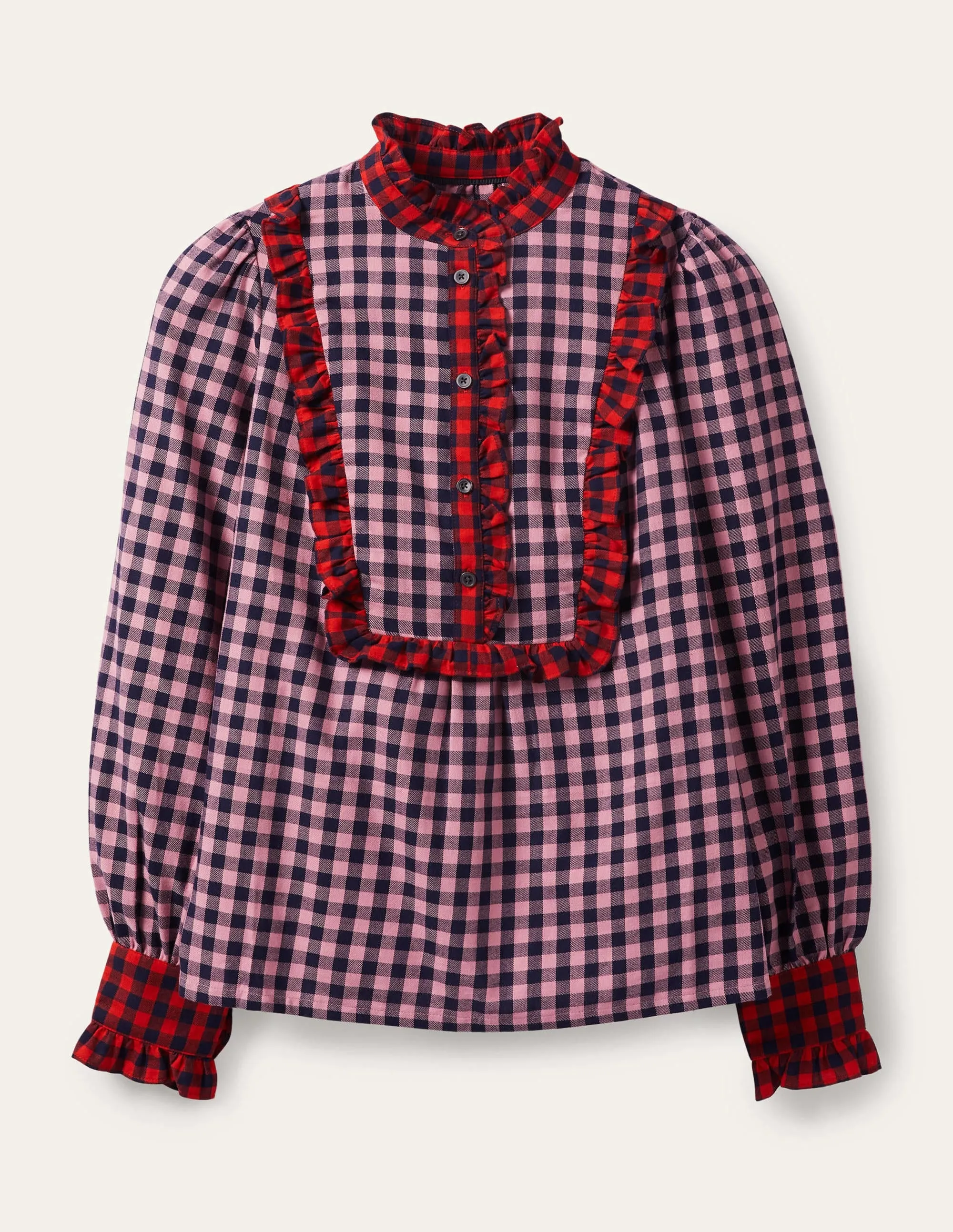 Isla Frill Detail Blouse-Formica Pink and Navy Gingham