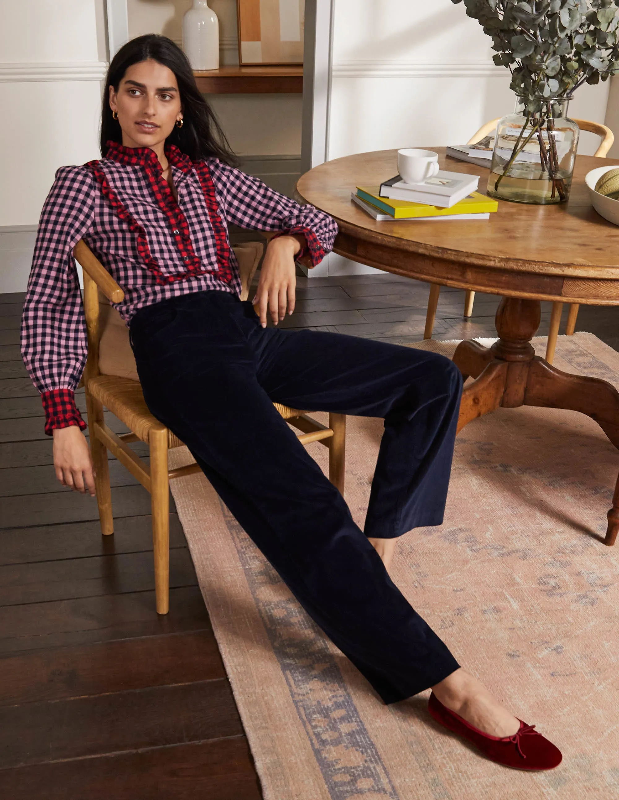 Isla Frill Detail Blouse-Formica Pink and Navy Gingham