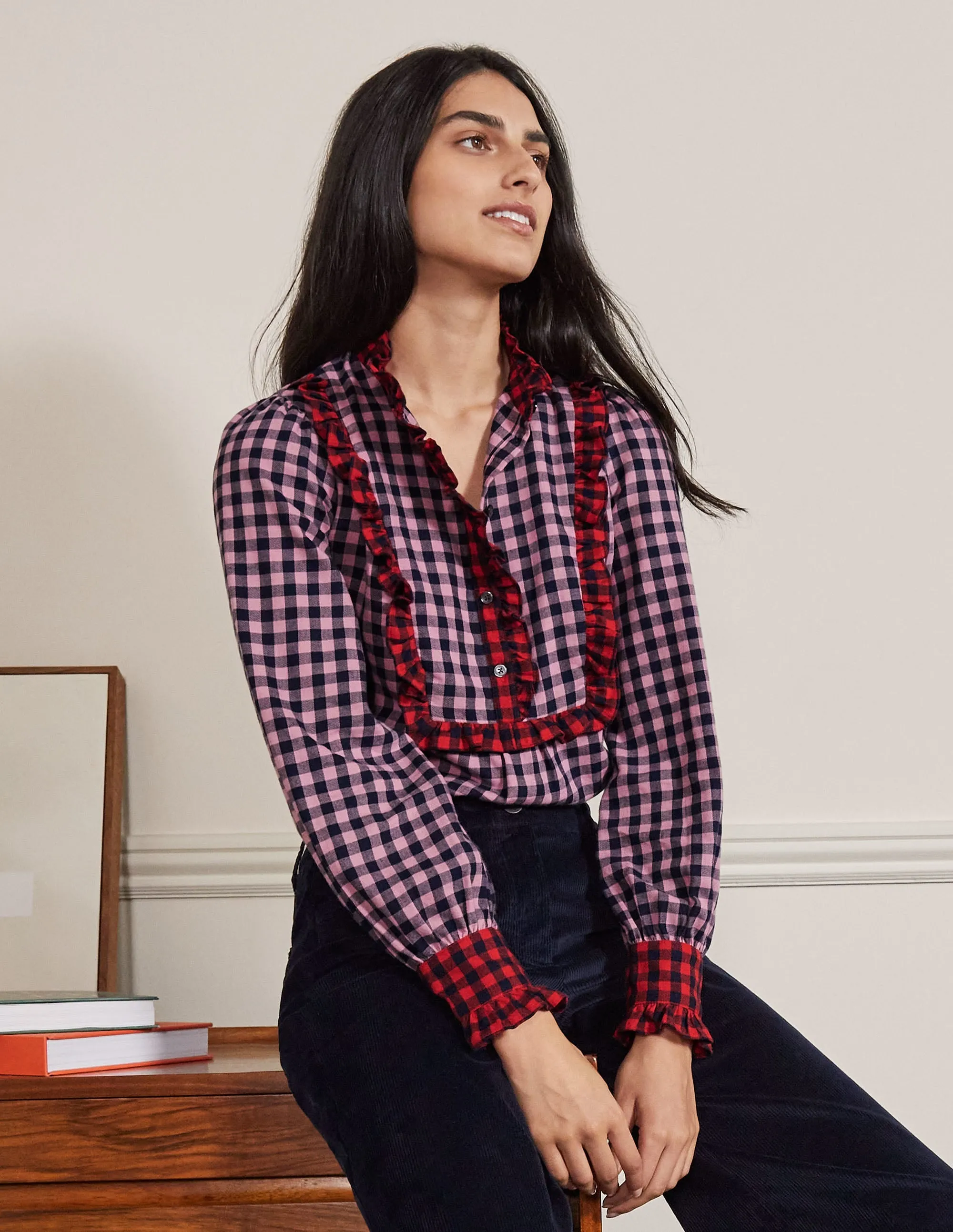 Isla Frill Detail Blouse-Formica Pink and Navy Gingham