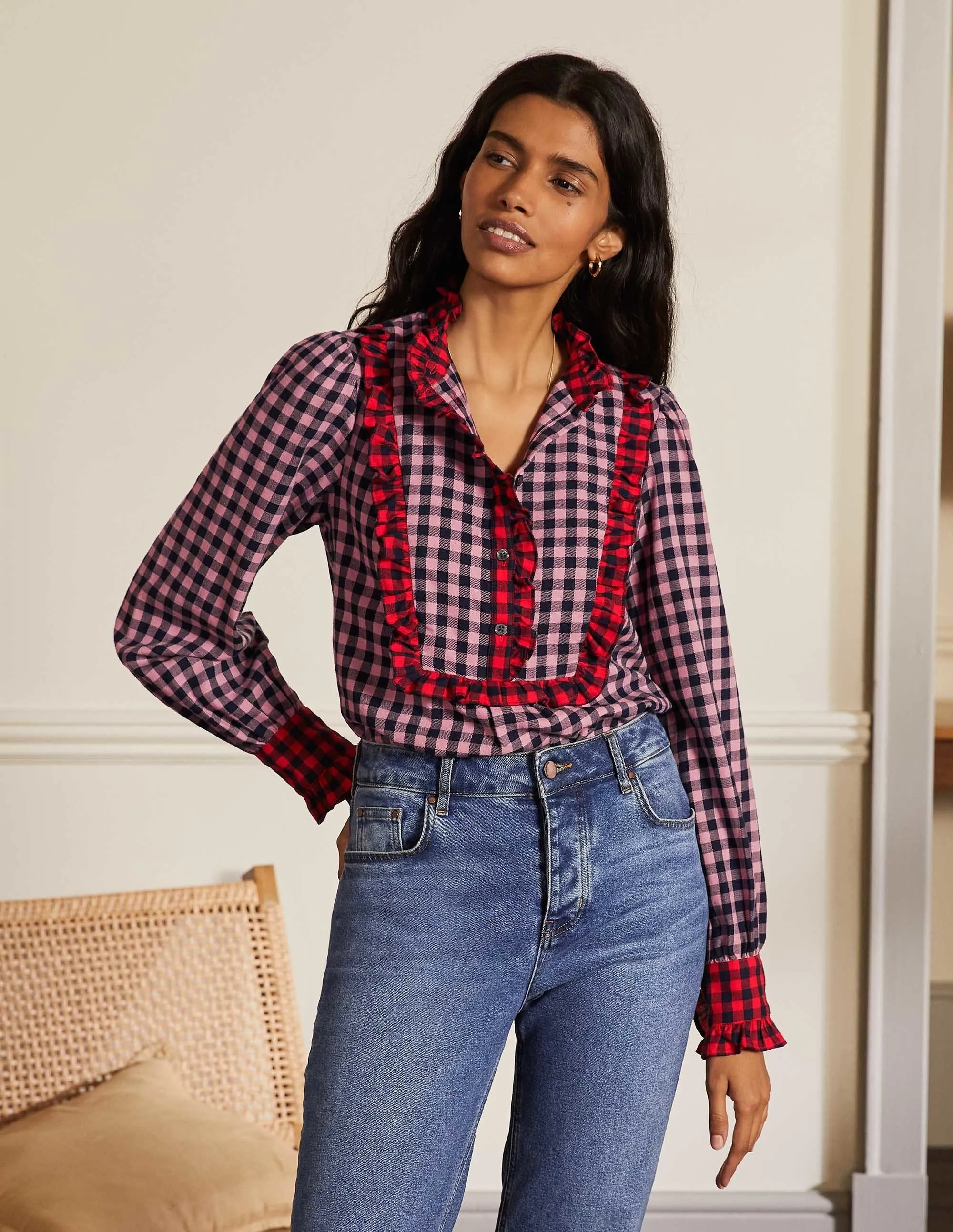 Isla Frill Detail Blouse-Formica Pink and Navy Gingham