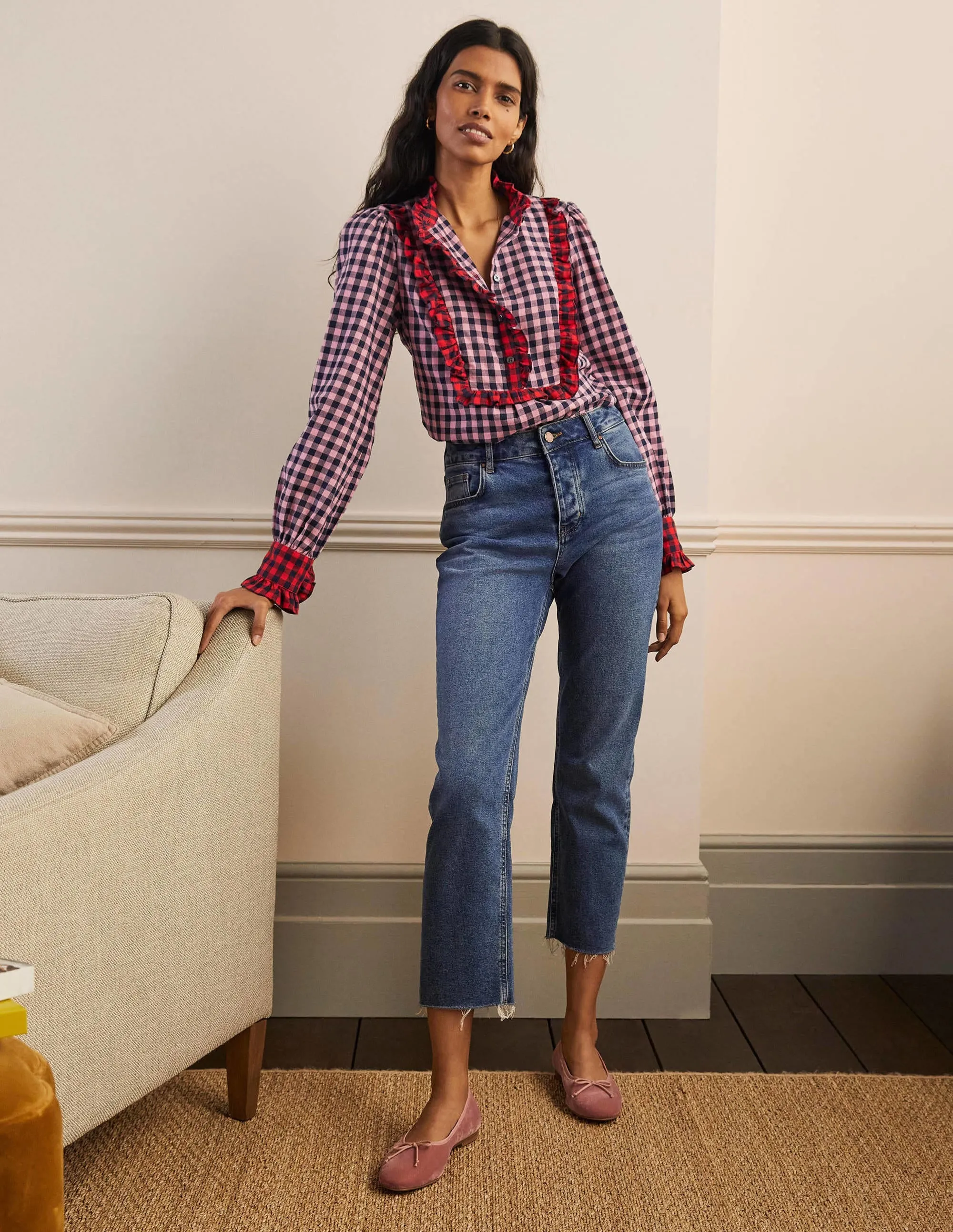 Isla Frill Detail Blouse-Formica Pink and Navy Gingham
