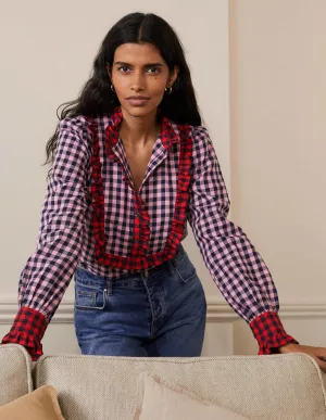 Isla Frill Detail Blouse-Formica Pink and Navy Gingham