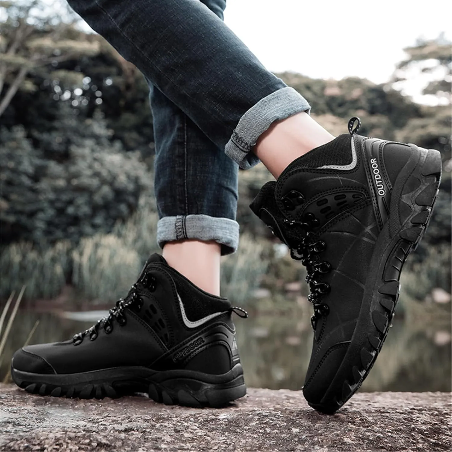 JiuQing Men's Walking Boots Outdoor Hiking Shoes Breathable Camping Trekking Sports Boots