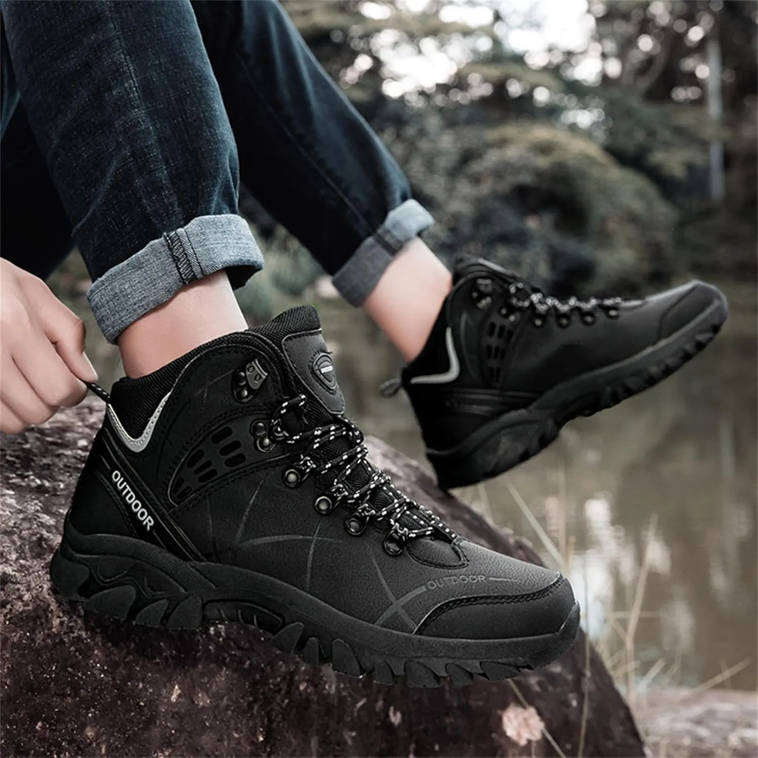 JiuQing Men's Walking Boots Outdoor Hiking Shoes Breathable Camping Trekking Sports Boots