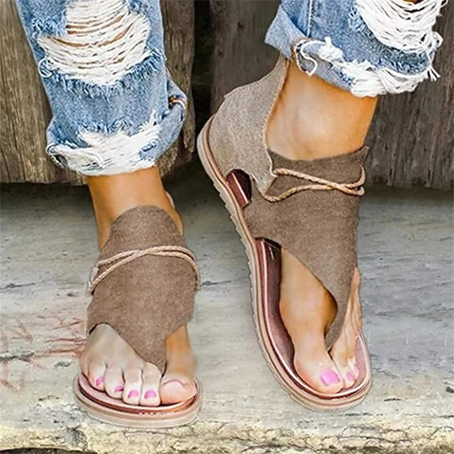 Ladmiple Sandals Women Dressy Summer Bohemian Clip Toe Platform Sandal Causal Beach Travel Gladiator Slippers Flat Shoe