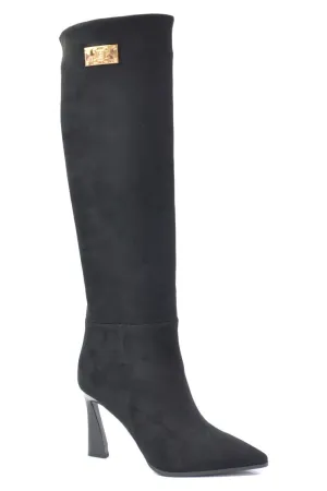LAURA BIAGOTTI HEELED KNEE HIGH BOOT IN BLACK WITH GOLD DETAILING