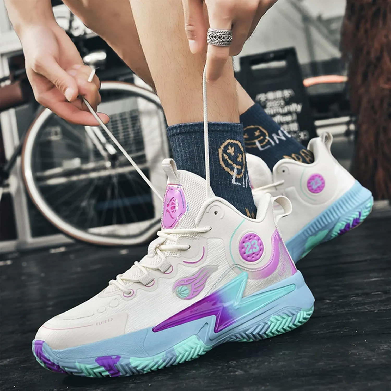Men??S 23 High Top Basketball Shoes with Arch Support Lace Up Fashion Graffiti Style Sports Shoes Light Tennis Shoes Actual Combat Shoes Outdoor Sneakers