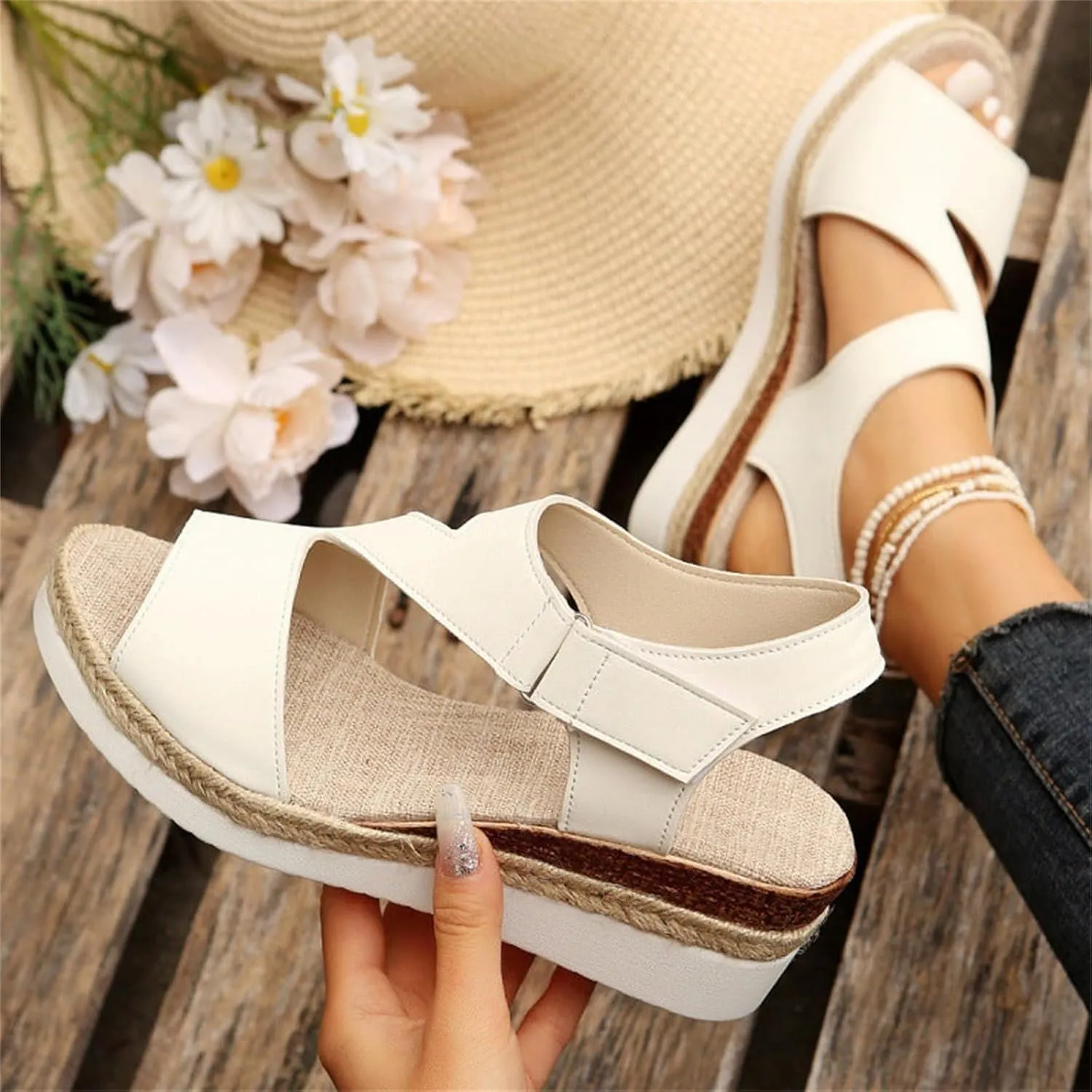 Orthotic Sandals for Women Comfy Open Toe Wedge Summer Flat Heels Espadrilles Walking Shoes Thick-Soled Buckle Stylish Ultra-Wedge 2025 Dressy Summer Espadrille Platform Comfortable Casual