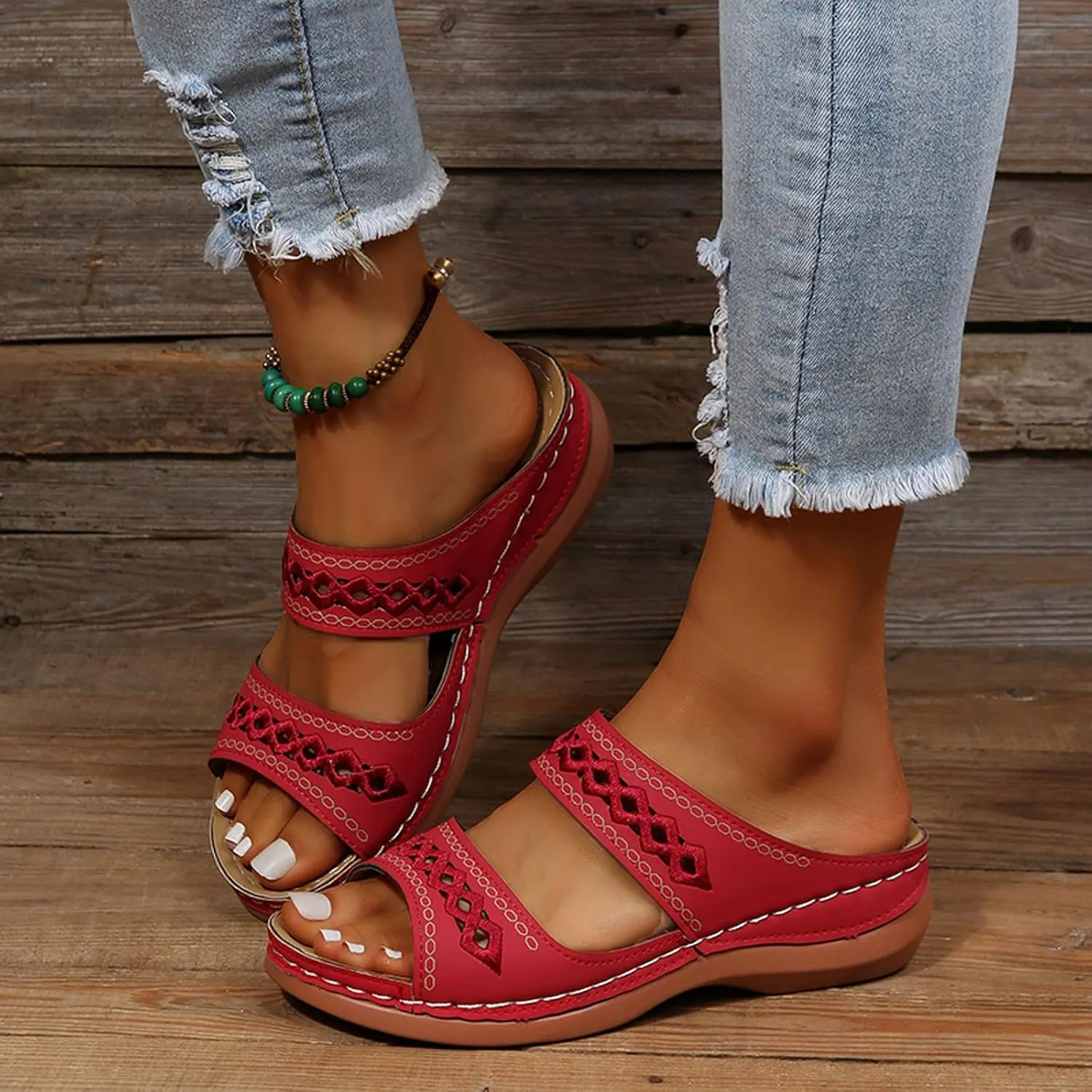 Sandals for Women Low Heel Dressy Sandals with Arch Support Breathable Hollow Hot Summer Casual Shoe