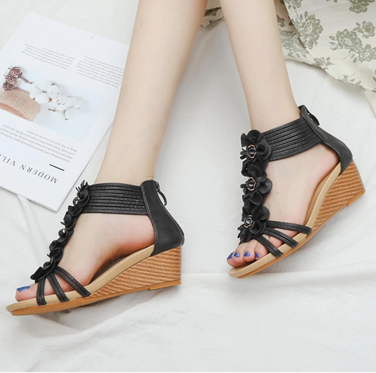 Smoneyful Womens Open Toe Wedge Sandals Bohemia Gladiator High Heel Platform Breathable for Summer Beach Casual Roman Style