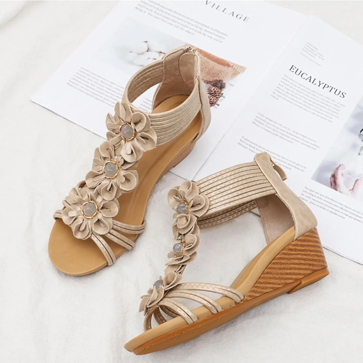 Smoneyful Womens Open Toe Wedge Sandals Bohemia Gladiator High Heel Platform Breathable for Summer Beach Casual Roman Style