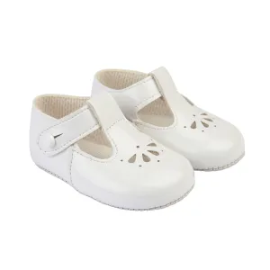 White Patent Petal Punch T-Bar Shoes