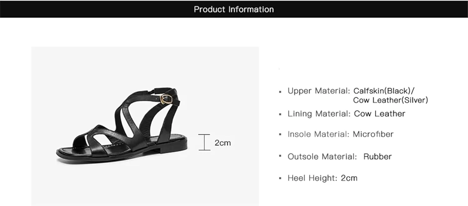 Women's Cow Leather Gladiator Sandals - Square Toe Buckle Strap Roman Summer