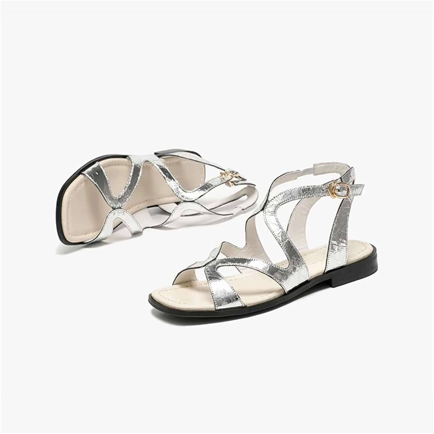 Women's Cow Leather Gladiator Sandals - Square Toe Buckle Strap Roman Summer