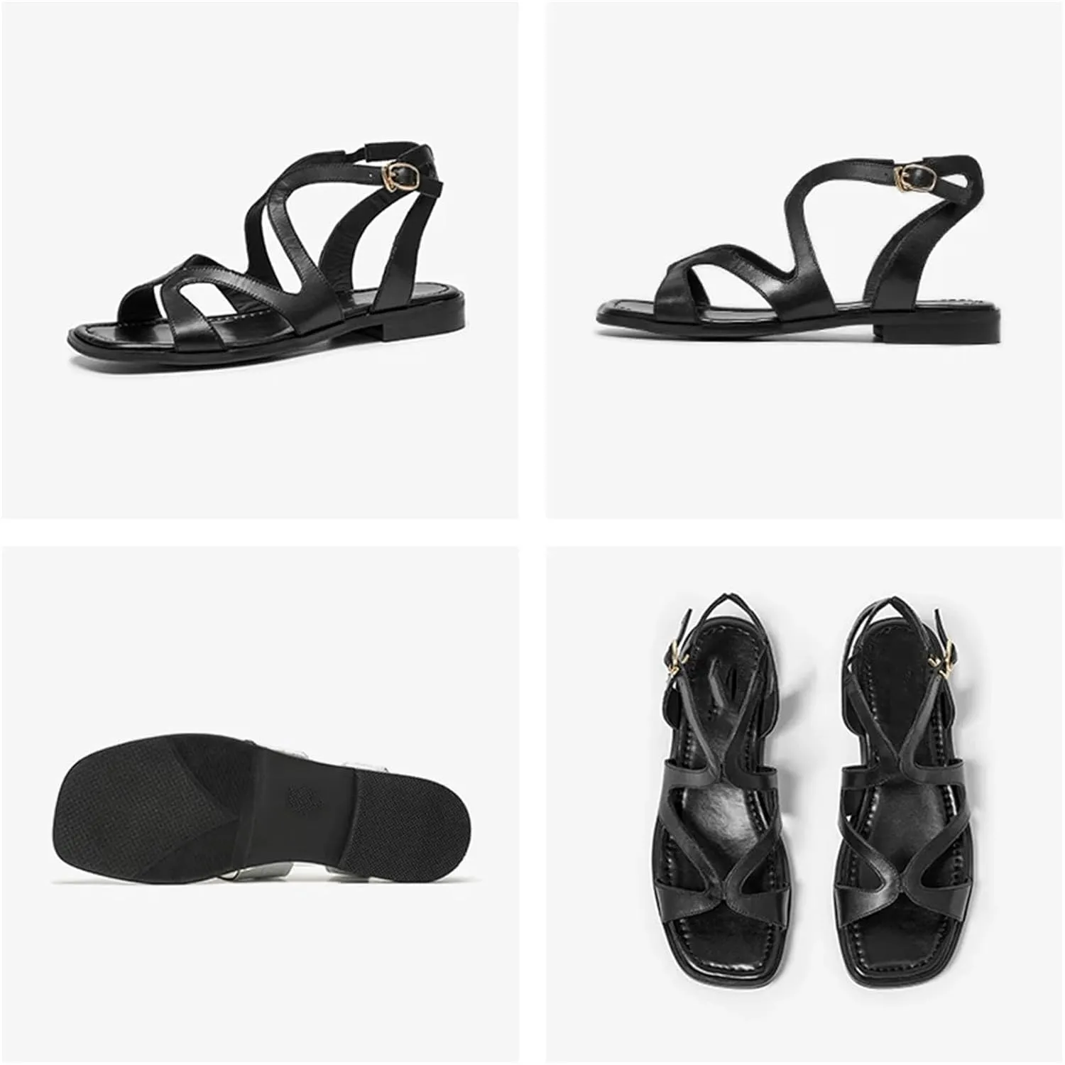 Women's Cow Leather Gladiator Sandals - Square Toe Buckle Strap Roman Summer