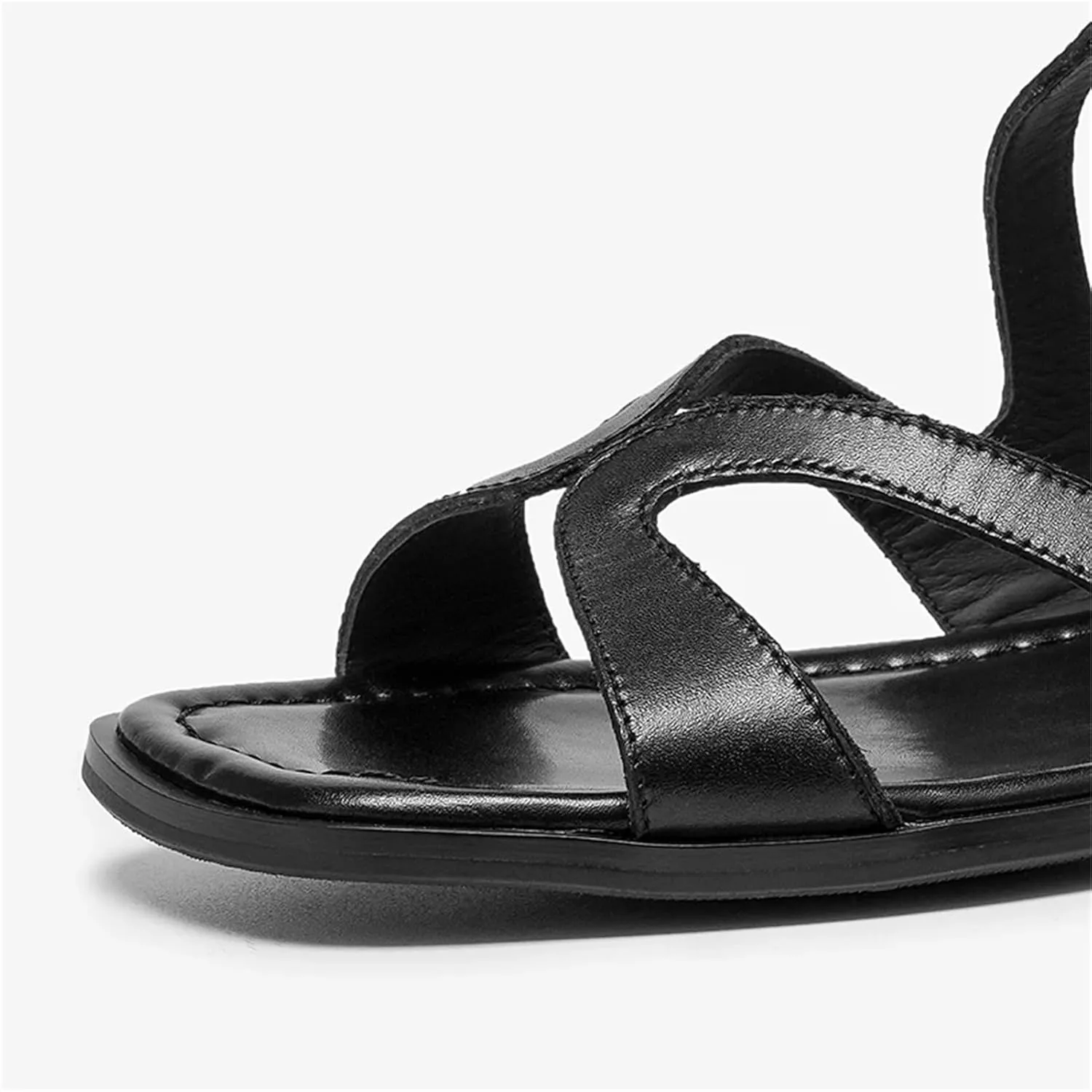 Women's Cow Leather Gladiator Sandals - Square Toe Buckle Strap Roman Summer